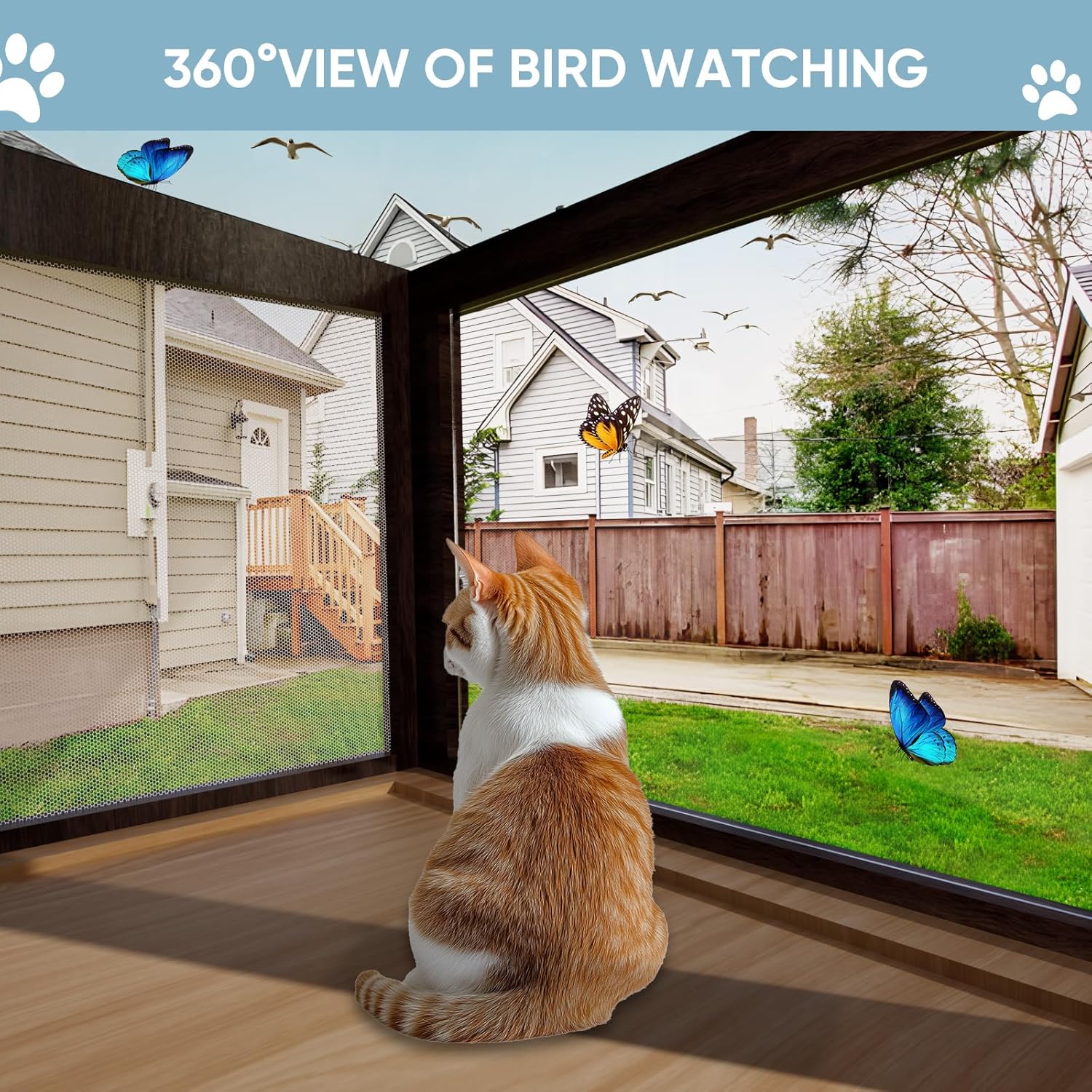 Cat Window Box Weatherproof Catio Outdoor Cat Enclosure Perch with Bug-Proof Wire Grid Fits Double Hung Frames 25.4" to 43.3" Wide Sunbathing Napping Overlooking