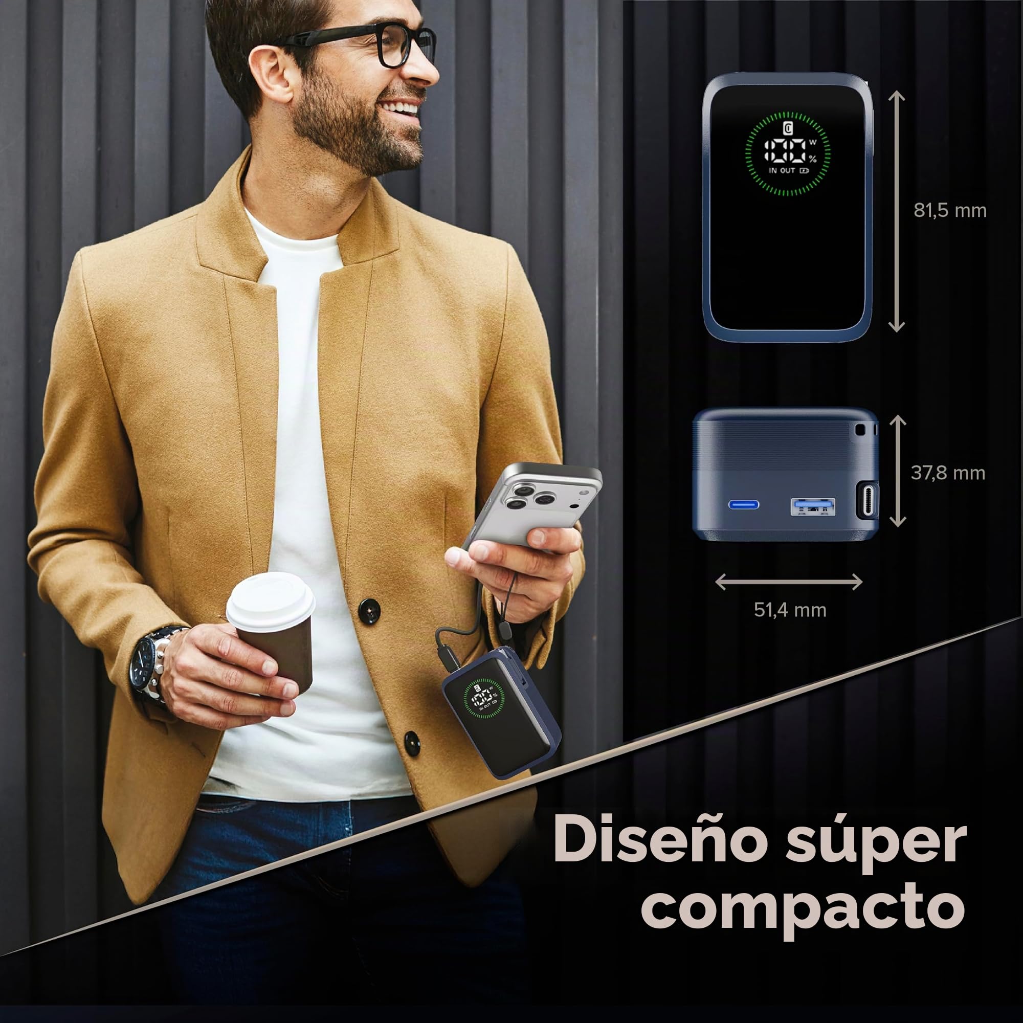 Cellularline batería Externa Roller 10.000 mAh con Carga rápida de hasta 45 W, Cable USB-C retráctil de 70 cm, Pantalla LCD, Carga simultánea para 3 Dispositivos, Negro