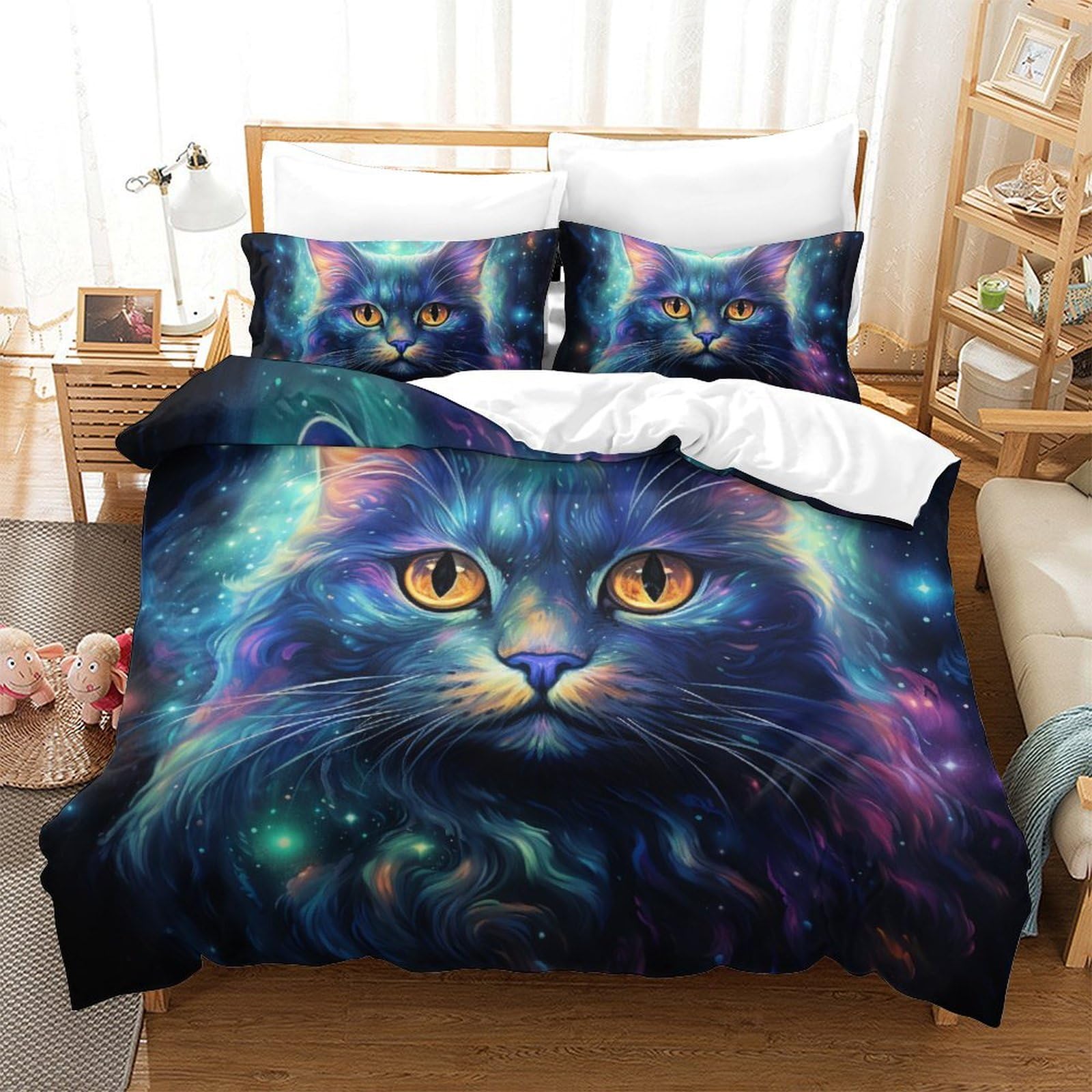 Parure de lit chat 3D microfibre anti-plis avec fermeture éclair pour lit King size 220x240