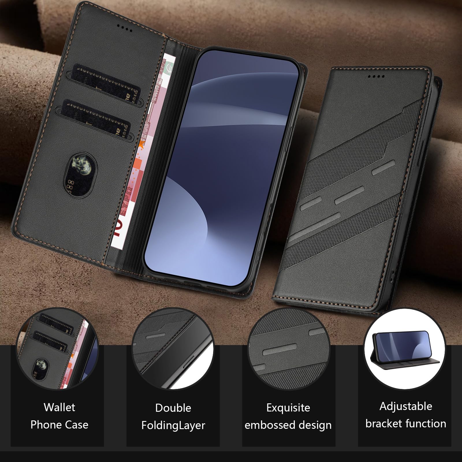 Skórzane etui Folio do ZTE Nubia Z80 Ultra, Premium PU / TPU Skórzany Portfel Etui Odporny na wstrząsy Pokrowiec ze skóry PU, z uchwytem i miejscem na karty. Czarny