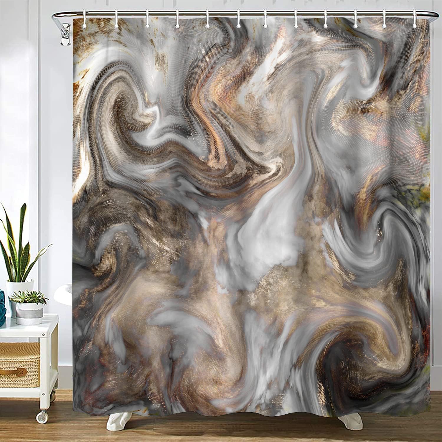 Gaakvrr Shower Curtain Retro Light Grey Brown Marble Texture Waterproof Polyester Fabric Bathroom Curtain Set with 12 Hooks (150x180 cm)