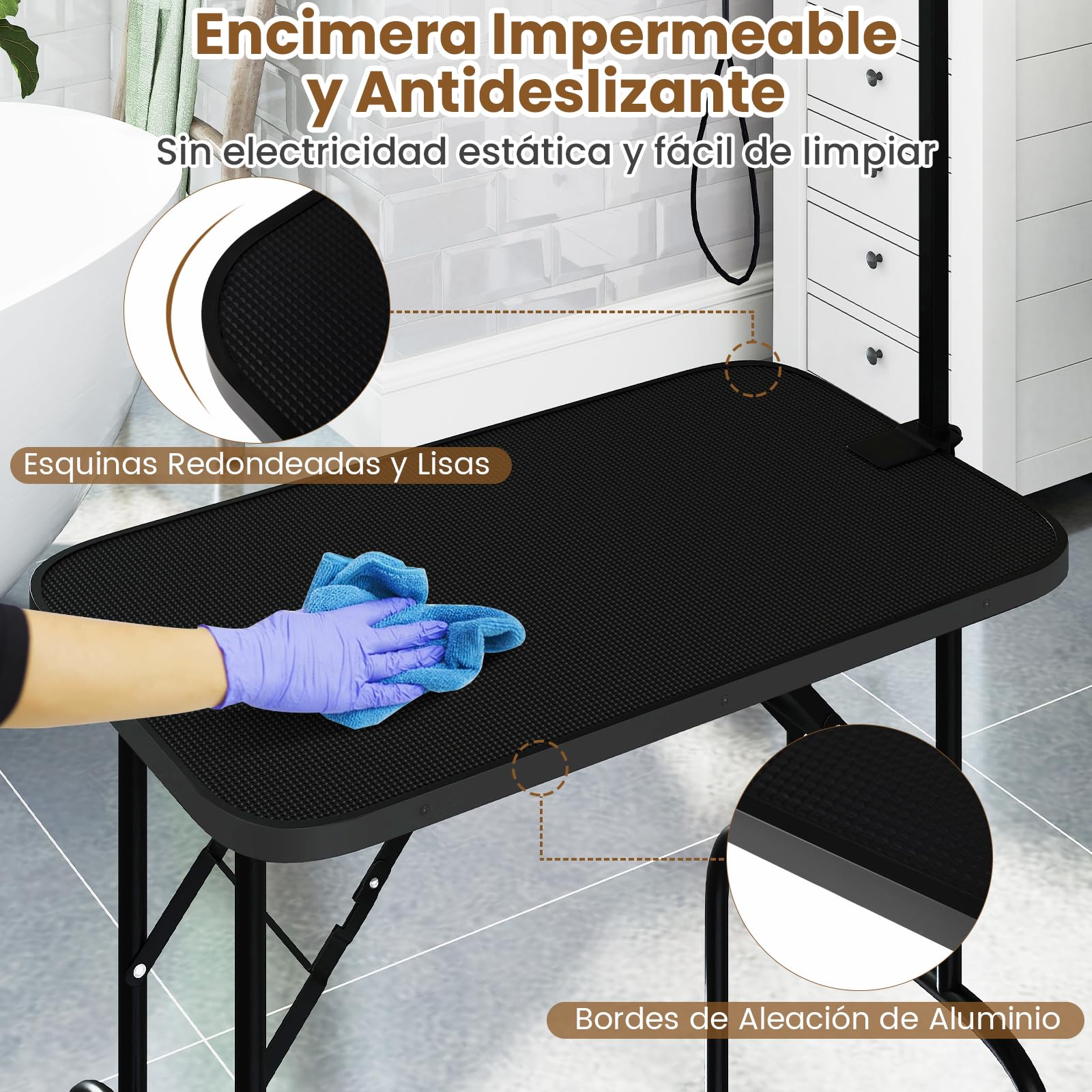 COSTWAY Mesa de Aseo para Mascotas, Mesa Plegable con Brazo Ajustable en Altura y Lazo, Superficie Antideslizante e Impermeable, Ideal para Perros y Gatos Pequeños y Medianos, Negro