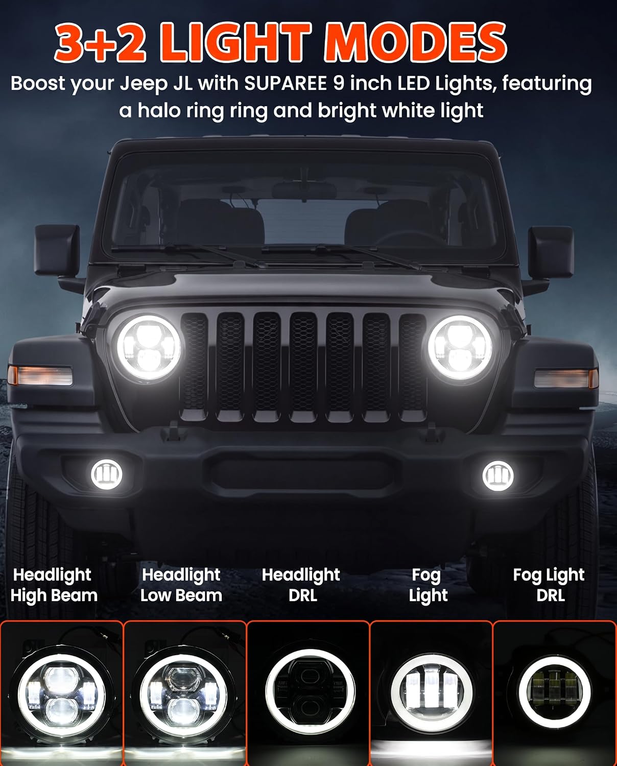 SUPAREE DOT 9 Inch Round LED Headlights and 4 Inch Fog Lights Combo