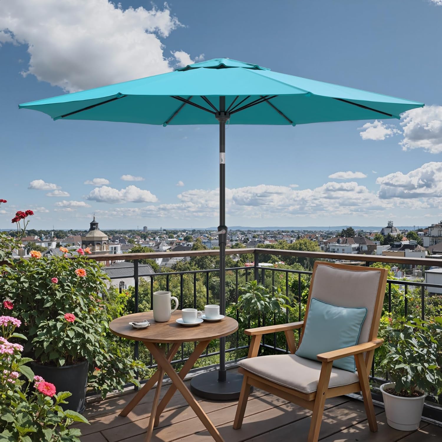 Patio Umbrellas, Pool Umbrella, Outdoor Umbrella with Push Button Tilt/Crank, Deck Umbrellas, Market Umbrela Table for Backyard, Deck, Garden, Pool Lake Blue 9 FT(Fiberglass Ribs)