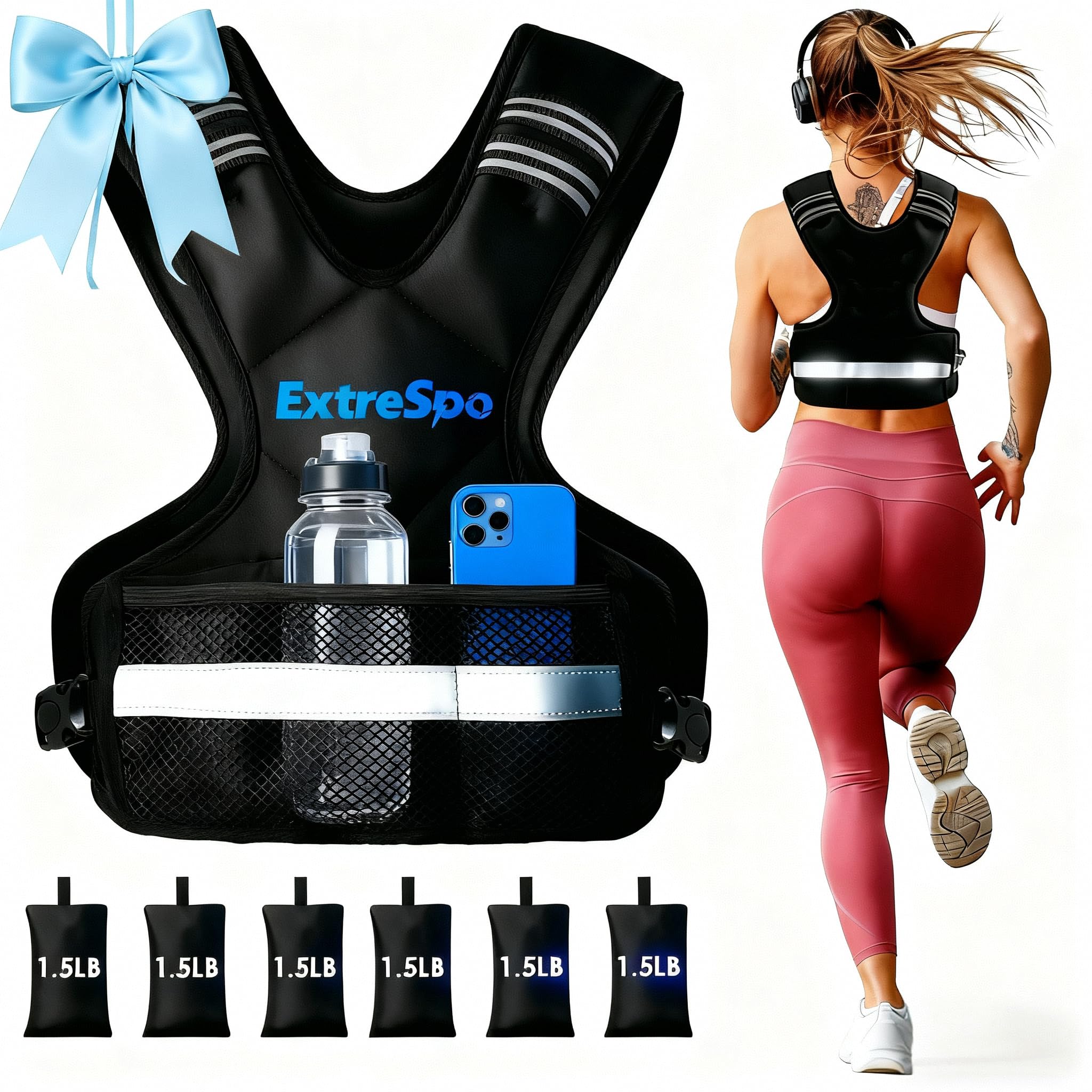 ExtreSpo Adjustable Weighted Vest for Women and Men, 4-10lb/11-20lb/20-32lb Weight Vest with 6 Ironsand Weights, Body Weight Vest Exercise Set with Reflective Strip for Strength Training and Workout
