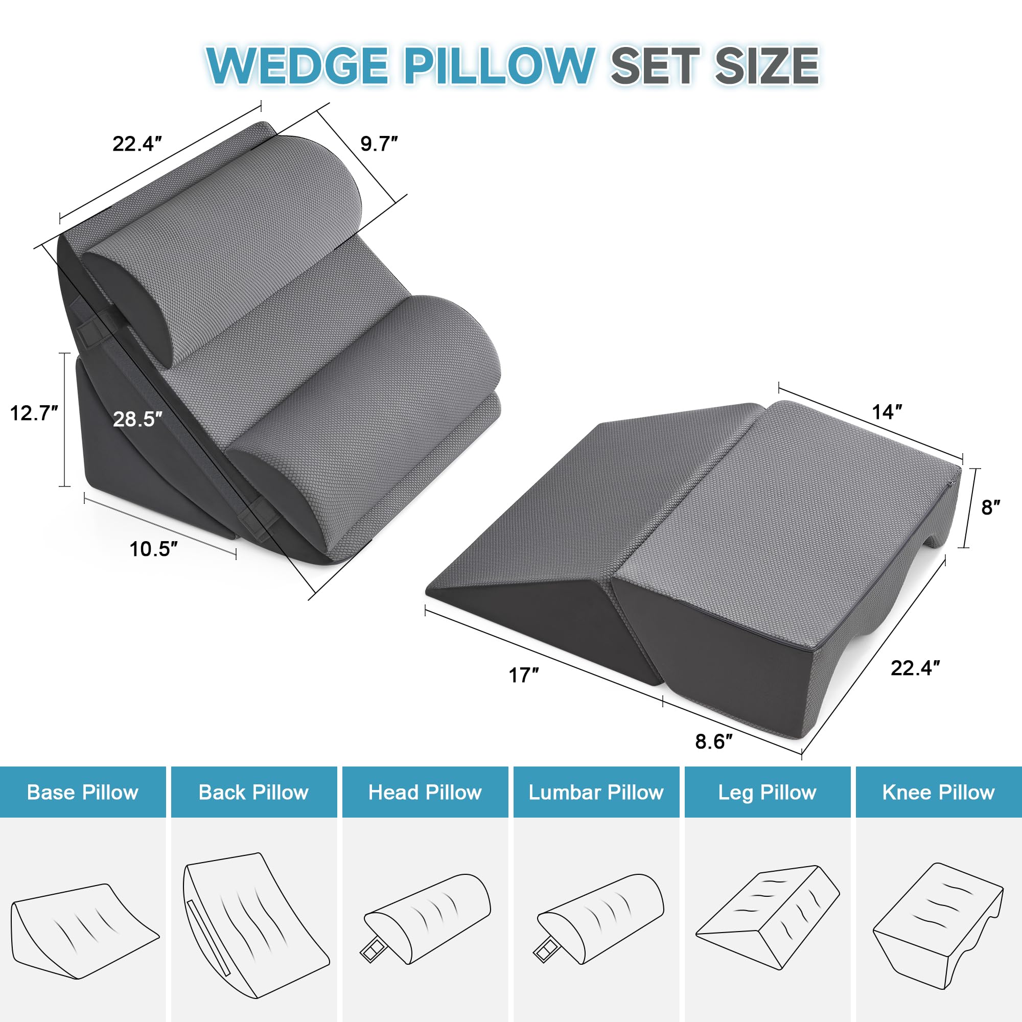 Ensemble d'oreillers 6 pièces, mousse de mémoire pour le sommeil, oreillers ergonomiques réglables, lit confortable et oreillers de canapé pour la lecture, la télévision et la détente, sombre