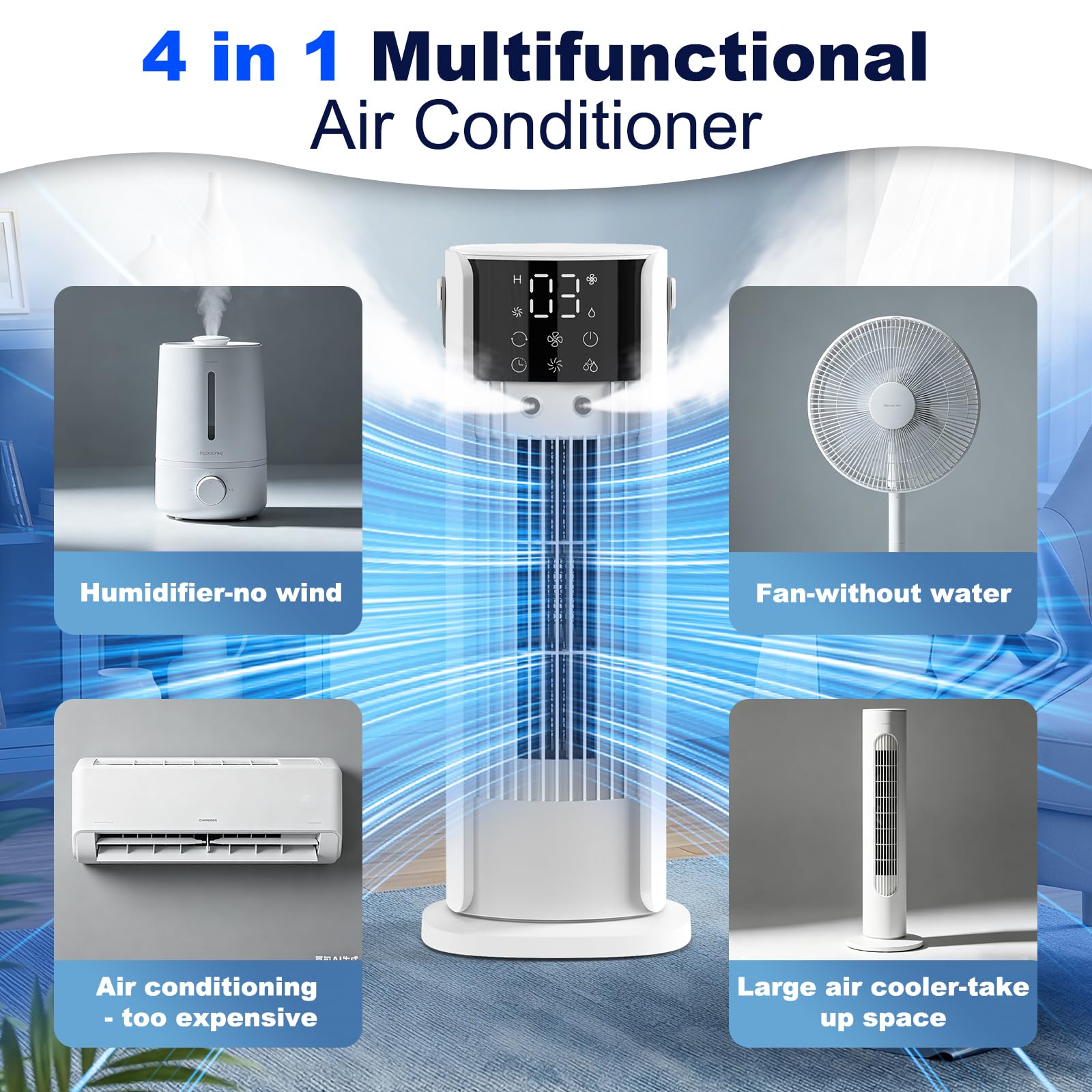 Aire Acondicionado Portátil Sin Tubo Exterior, 4 en 1 Ventilador Refrigeración, 3 Niveles de Velocidad, Función de Nebulización, Oscilación de 90°, Pantalla LED, con Mando a Distancia (Blanco)