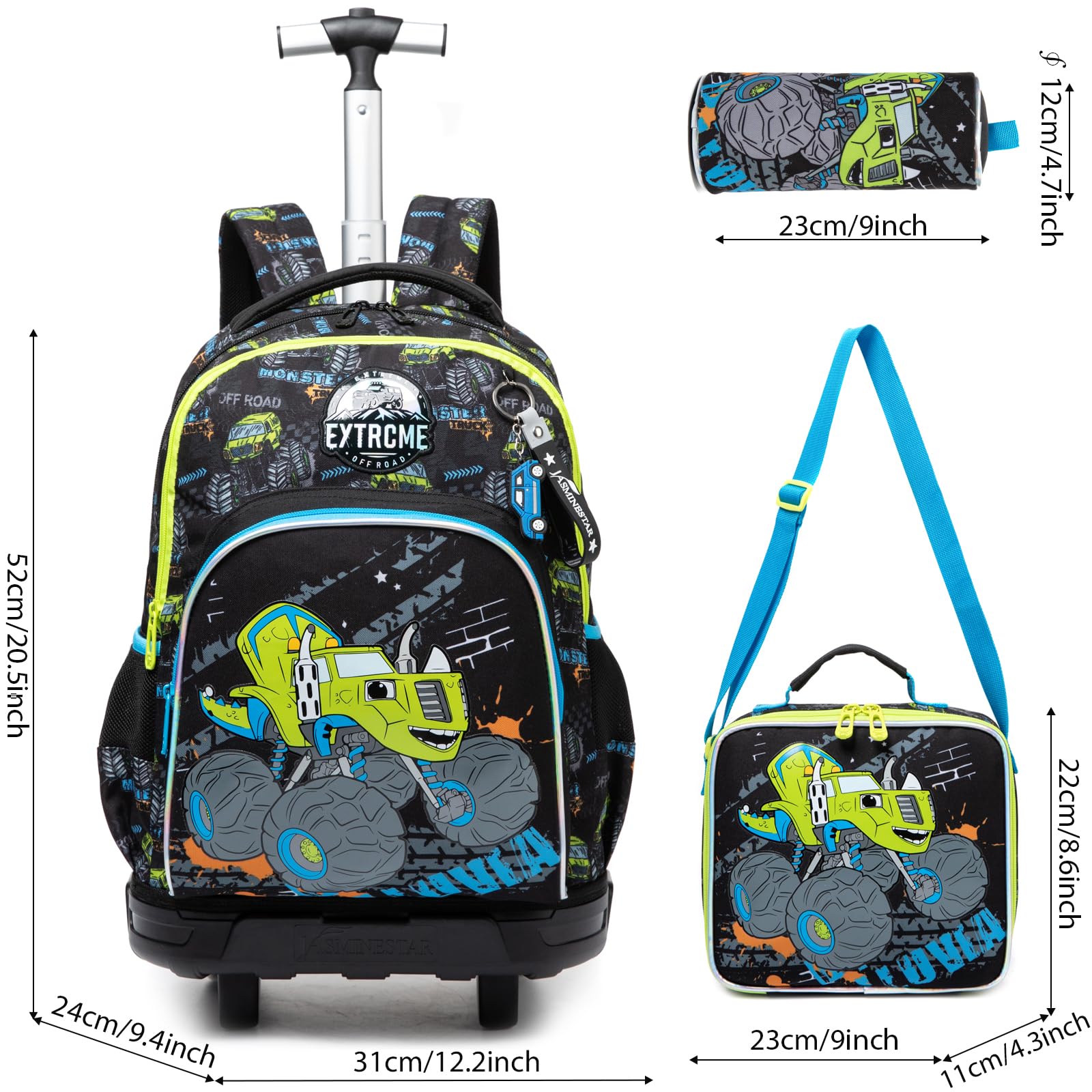 Kinder Rucksack mit Rollen für Jungen die Schule Faltbar Dünenbuggy Koffer Schultrolley Komplett mit Lunchbag Federmäppchen Set Geeignet Grundschüler Jugendliche 5-12 Jahre Alt Blau