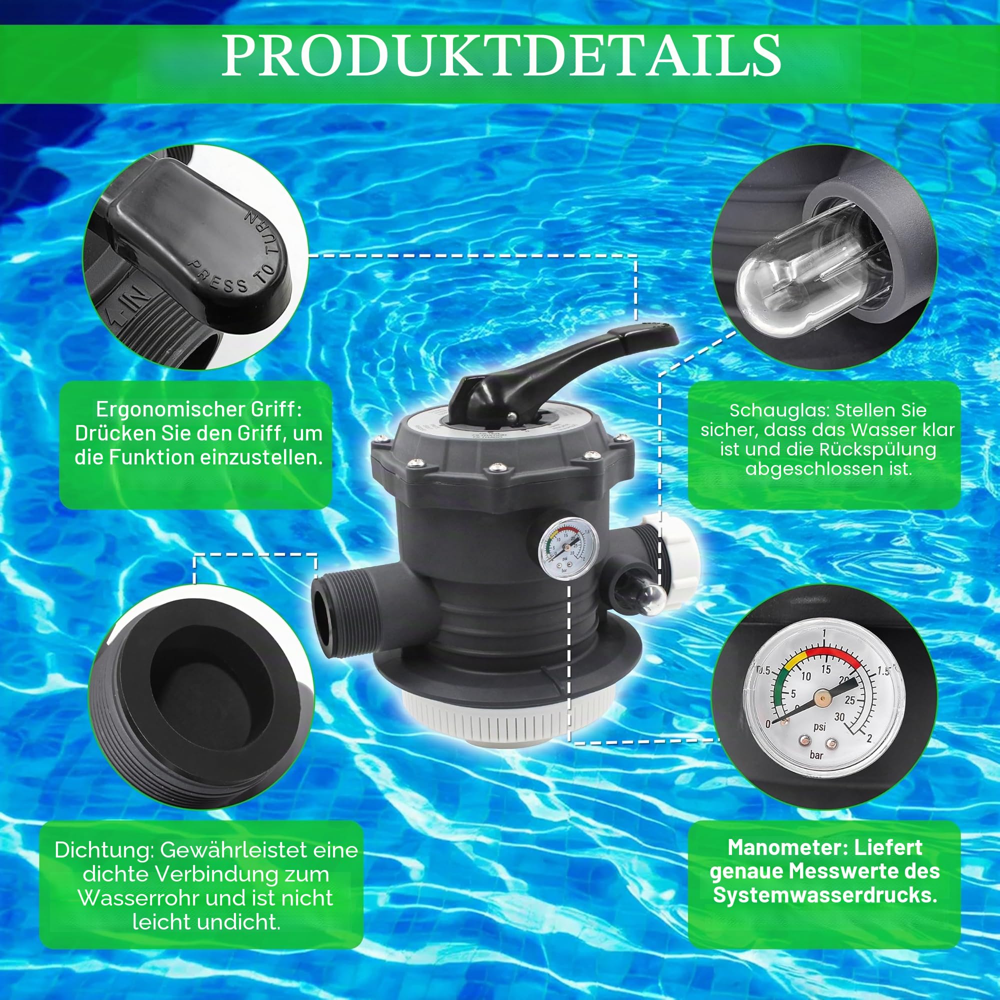11378 6-Wege-Ventil Ersatz für Intex 12 Zoll Sandfilterpumpe | Kompatibel mit QX2100 Sandfilterpumpe 26645EG, einteiliger Griff, 6 Funktionen, mit O-Ring & Manometer, Rohr kleine Bohrung