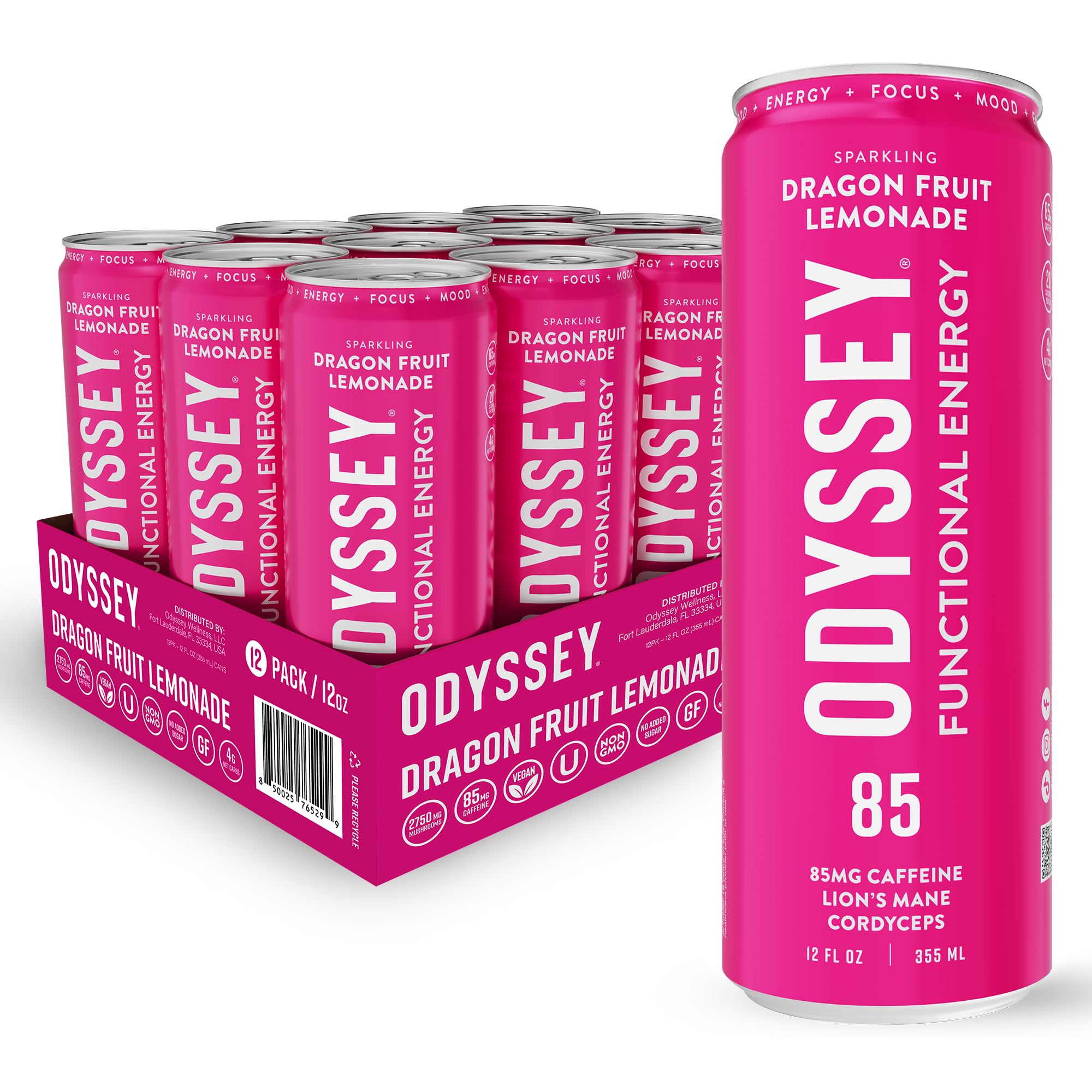 Odyssey Functional Energy Drink for Focus, Cognition & Mood Support 12 Pack - Adaptogenic Drink with 85mg Green Tea Caffeine, Lion’s Mane, Cordyceps, L-Theanine & Ginseng, Dragon Fruit Lemonade