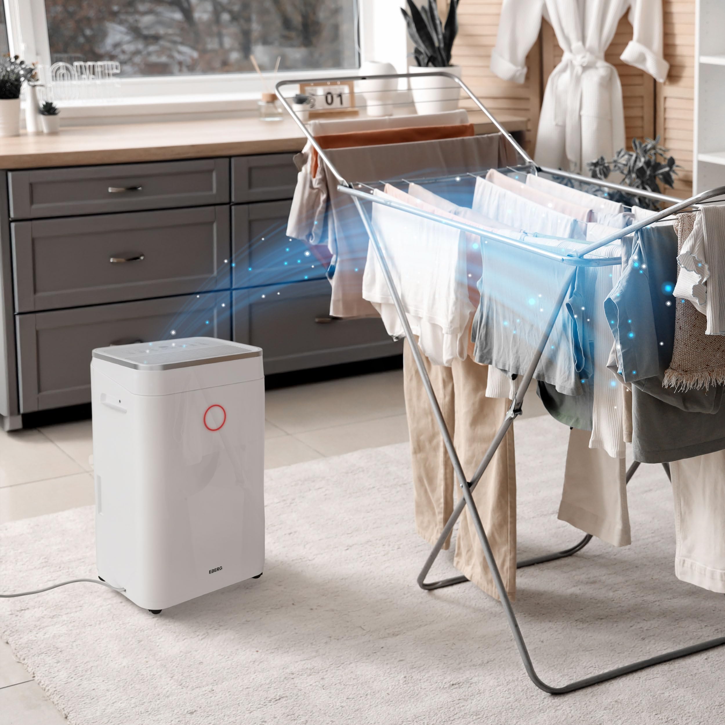 EBERG AZARI osuszacz powietrza 20 l/24 h, higrostat, suszenie prania, zbiornik 6,5 l, LCD, timer, ciągły drenaż, do domu i piwnicy, biały
