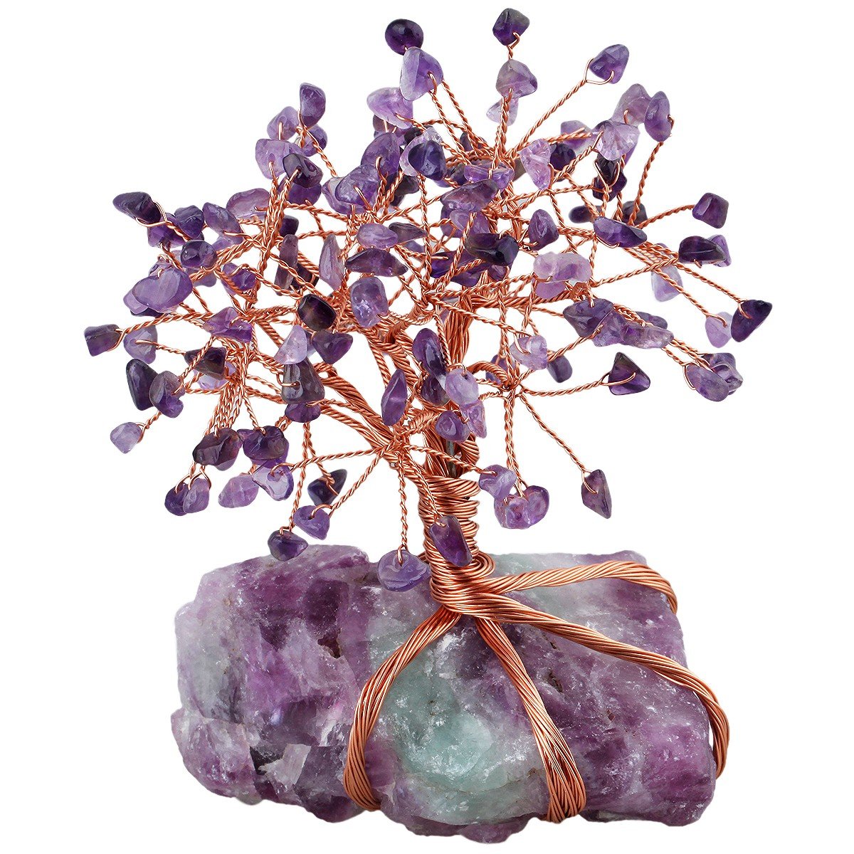SUNYIK Natural Amethyst Money Tree Wrapped on Fluorite Cluster Base Bonsai Sculpture Figurine 3.5 Inches