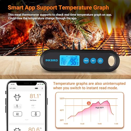Miniatura 4 de INKBIRD Termómetro digital para carne de lectura instantánea para cocinar con sondas duales, termómetro de carne Bluetooth impermeable de 328 pies,