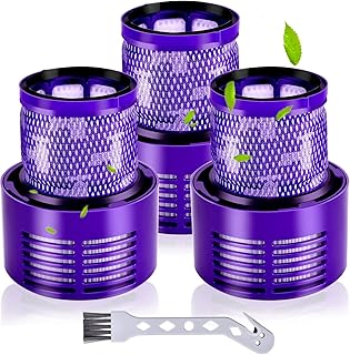V10 Filter Replacement for Dyson Cordless Vacuum Cleaner V10 Cyclone Series, V10 Animal, V10 Absolute, V10 Total Clean, SV12, Part No. 969082-01, 3 Pack Filters and 1 Clean Brush