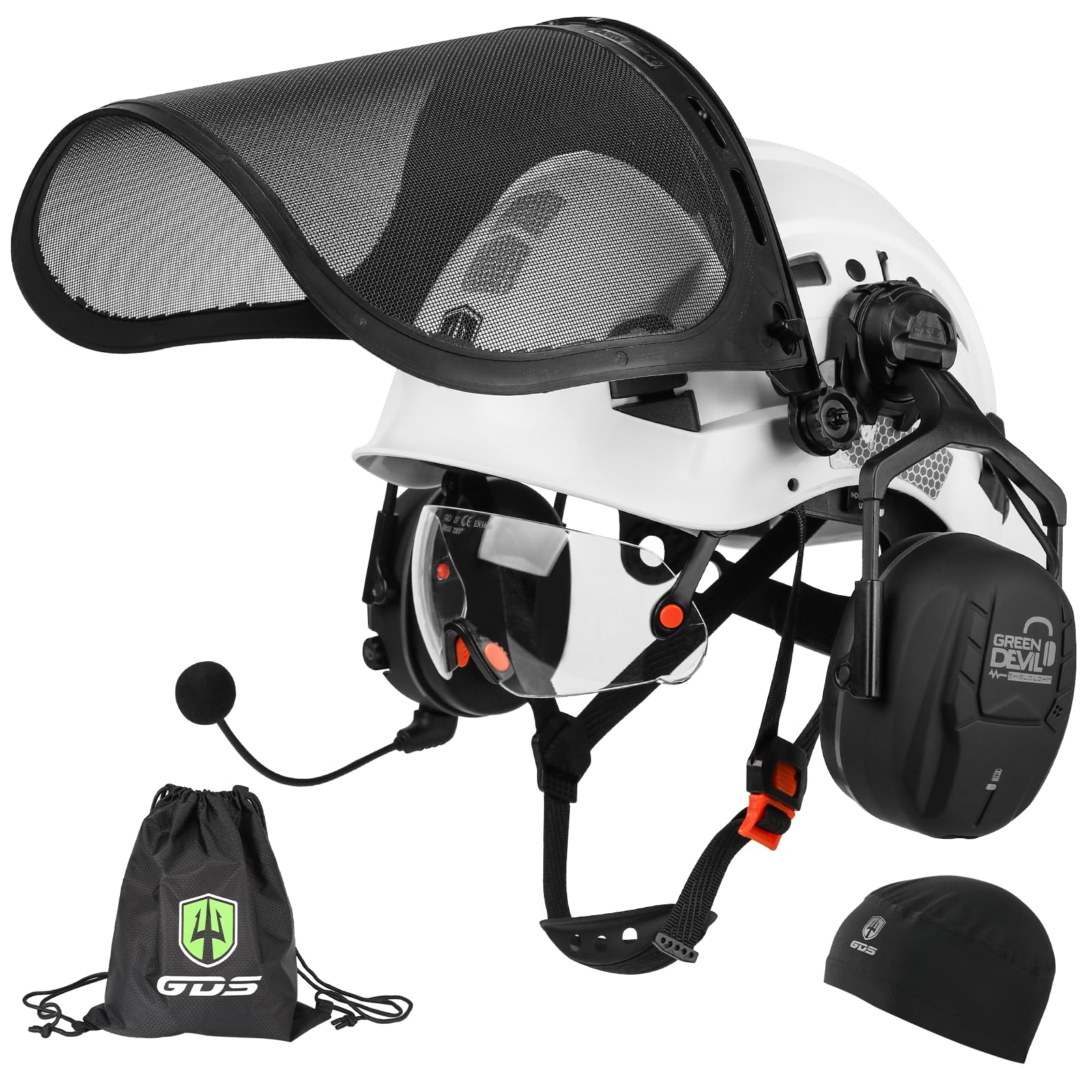 GREEN DEVIL Forestry Chainsaw Safety Helmet with Bluetooth Ear Muffs Arborist Helmet Hard Hat with Built-in Visor Face Shield 5 in 1 System Logging Garden Work Hardhats for Men Women