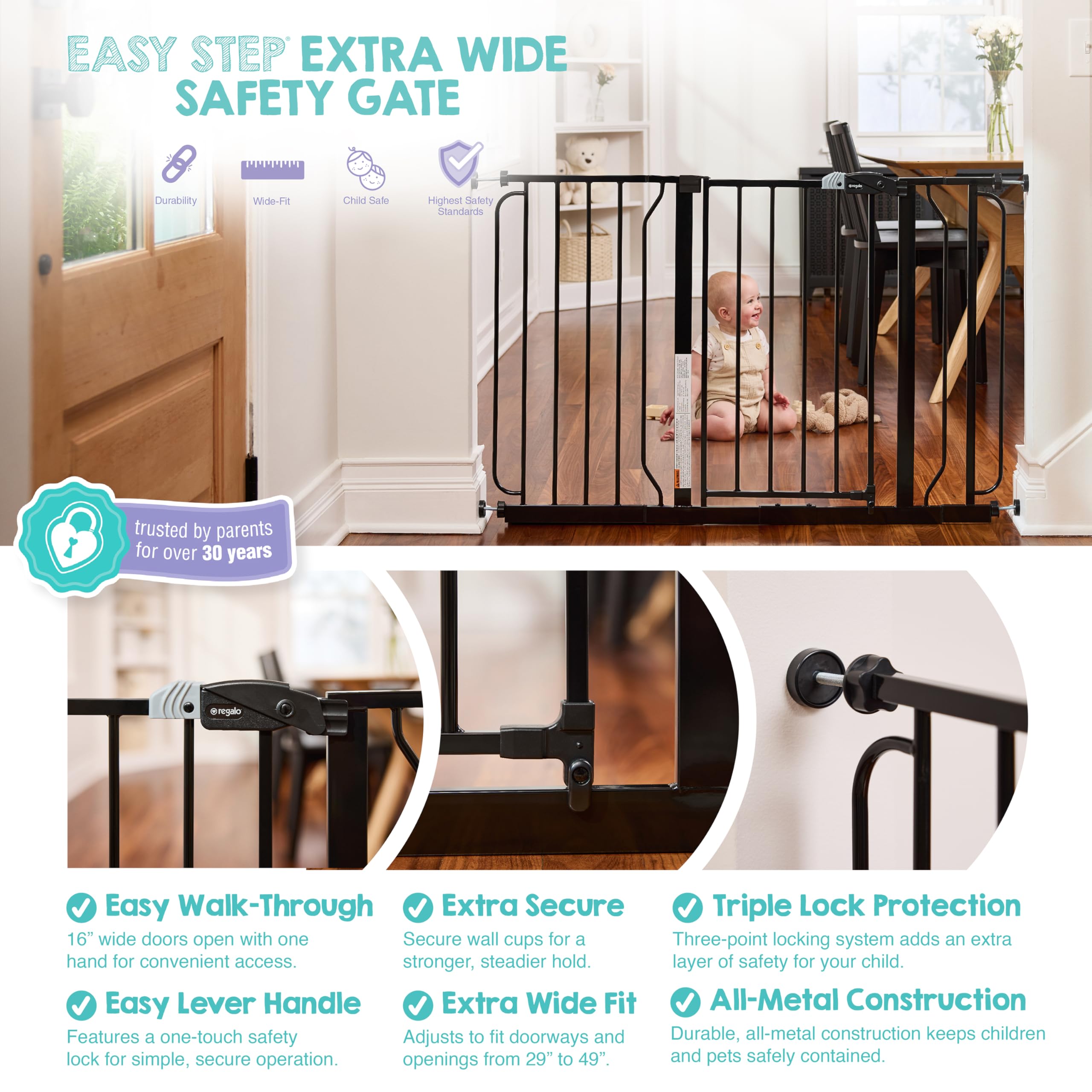 Regalo Easy Step 100 cm bardzo szeroka brama dla niemowląt, zawiera 10 cm i 30 cm, zestaw 4 sztuk mocowań ciśnieniowych i 4 sztuki zestawu do montażu ściennego, czarny