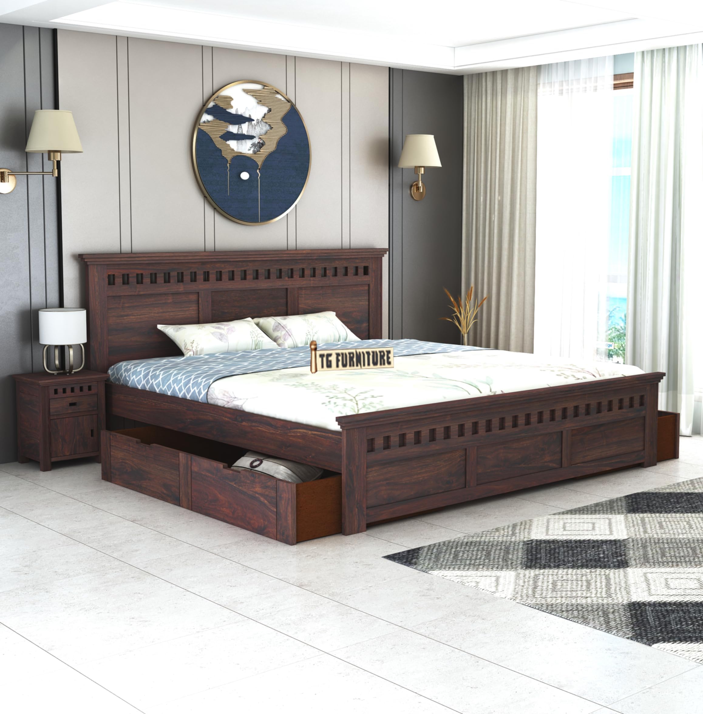 TG Furniture Solid Sheesham Wood King Size Bed with Pullout Storage | Wooden Double Bed with 2 Drawer Storage for Bedroom | Platform Cot Bed Palang | 2 Year Warranty | 78 x 72 Inch, Walnut Finish