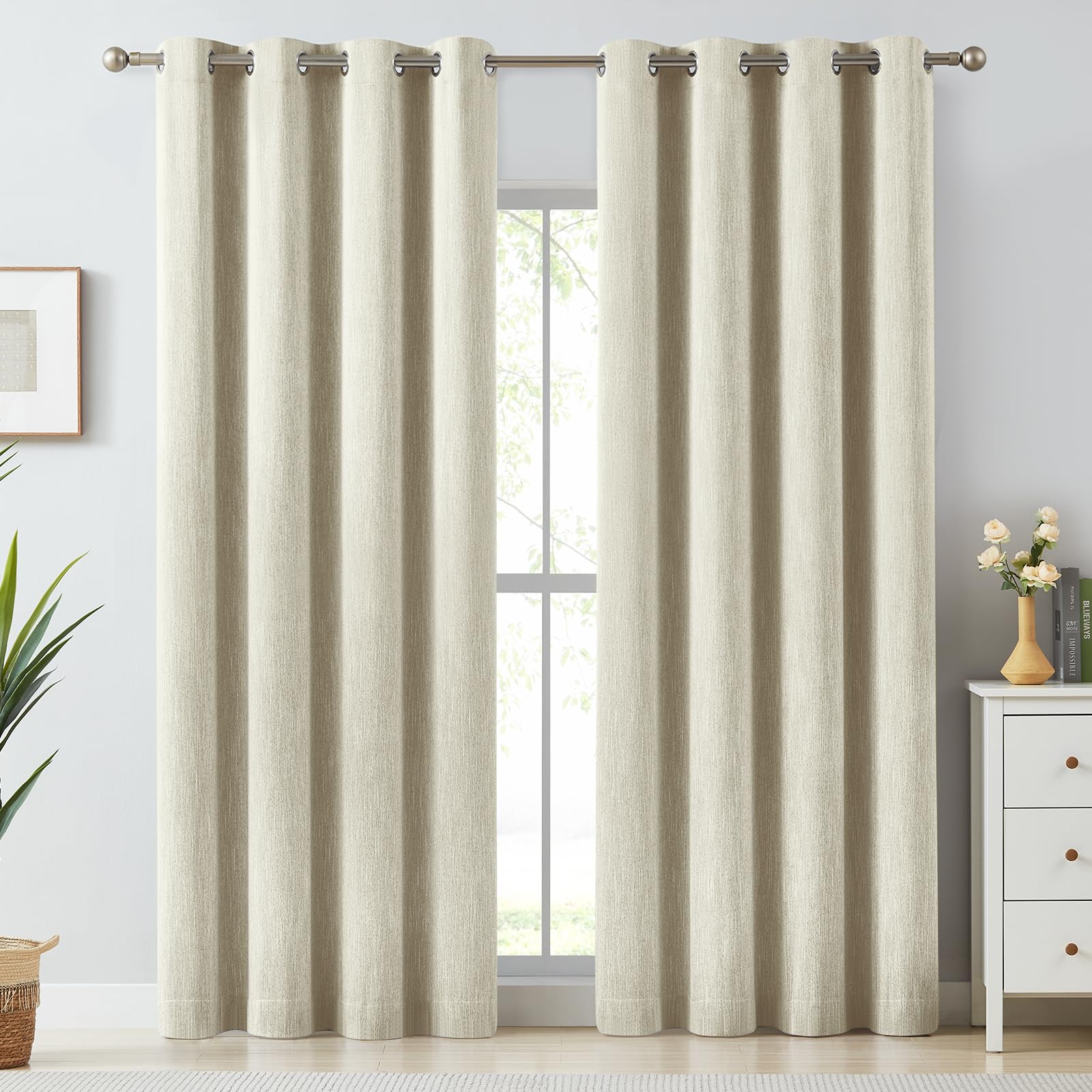 melodieux elegant cotton room darkening curtains for living room bedroom thermal insulated privacy grommet window curtain panels, 52 by 84 inch, natural beige(1 panel