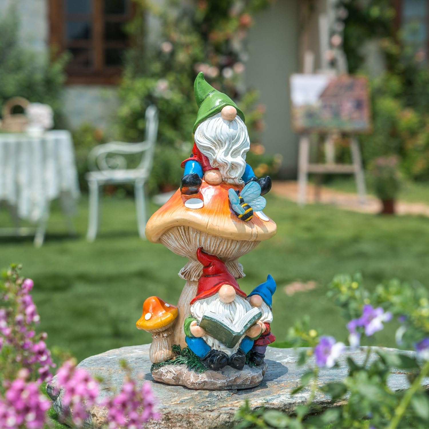 TERESA'S COLLECTIONS Garden Gnomes Statues Decorations for Yard with Solar Lights, Resin Gnome on Mushroom Reading Garden Decor Outdoor for Patio Lawn Ornaments,Ideal Gifts for Mom, 12.6"