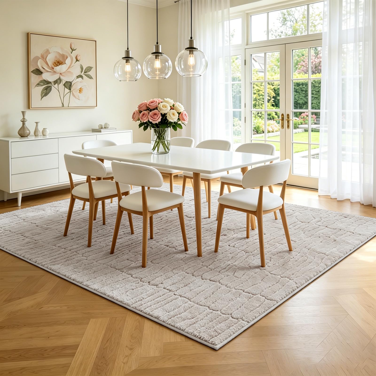 Teppich Wohnzimmer 160x230cm Waschbarer rutschfeste Kurzflor Moderner Bodenmatte 3D Effekt Teppiche für Bereich Schlafzimmer Büro Esszimmer Küche Kinderzimmer, Beige