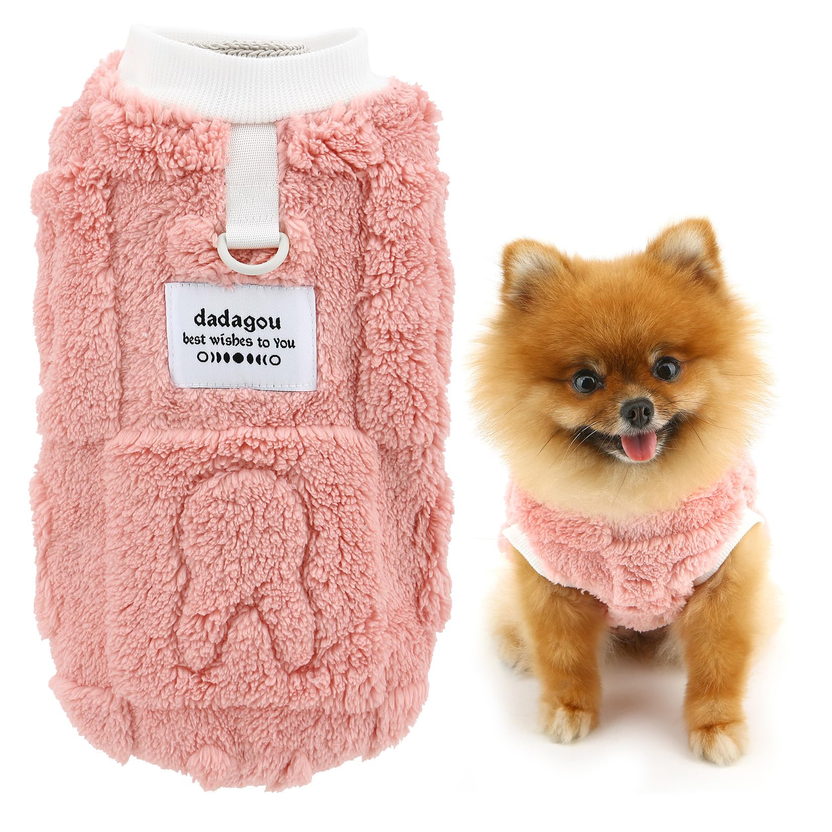 SMALLLEE_LUCKY_STORE Embossed Fleece Dog Jumper for Small Dog Solid Pet Sweatshirt with D-ring Puppy Pullover Warm Winter Autumn Vest Chihuahua Yorkie Clothes, Pink, S