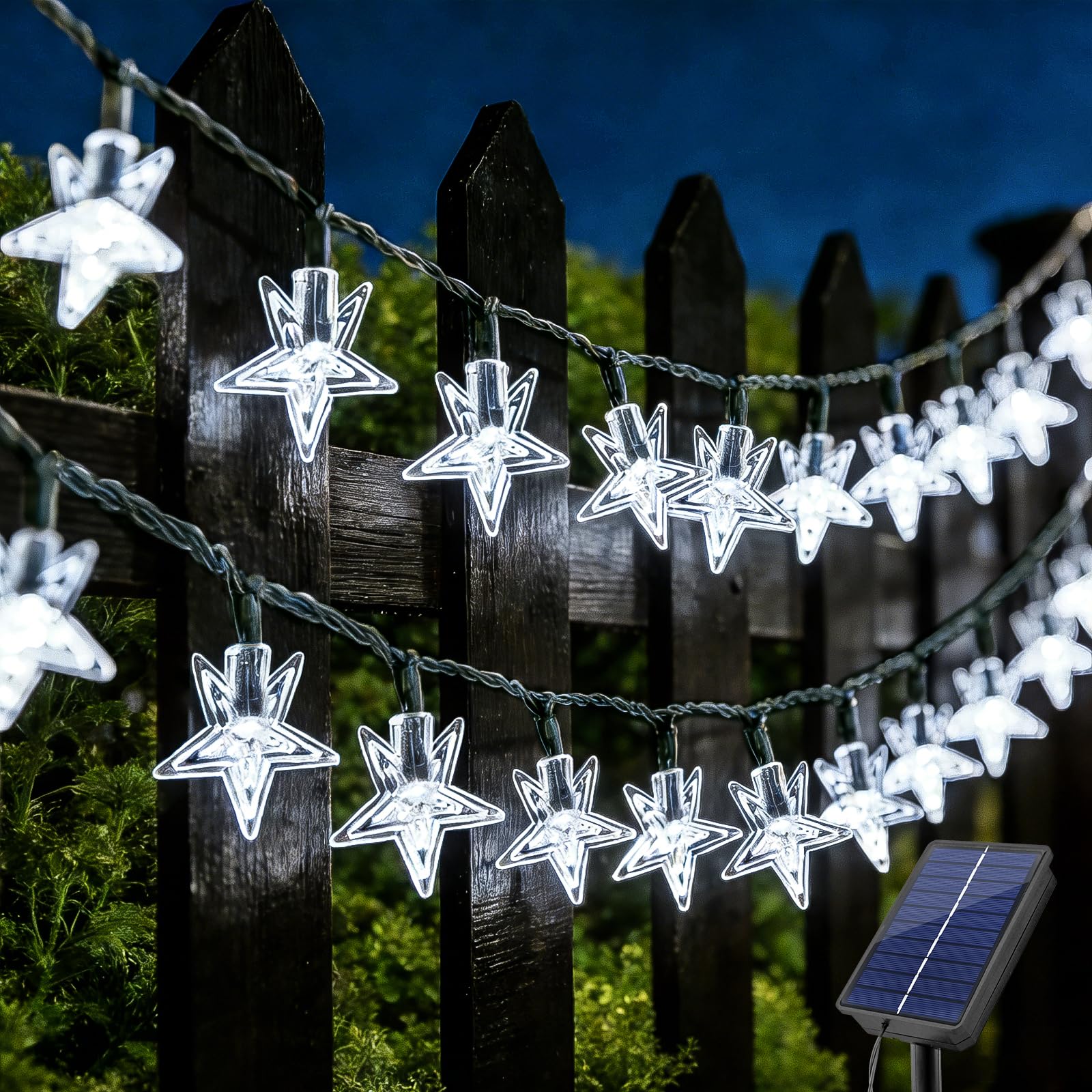 Joolivo Solar Lights Outdoor Garden, 23Ft/7m 50LED Cool White Star String Lights with 8h Timer and 8 Lighting Modes, Garden Light Solar Powered Waterproof for Patio Yard Wedding Decor