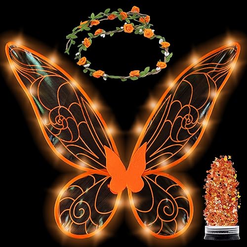 Miniatura 8 de Funcredible Fairy Costume Accessories - Orange Light Up Fairy Wings and Flower Crown, Glitter