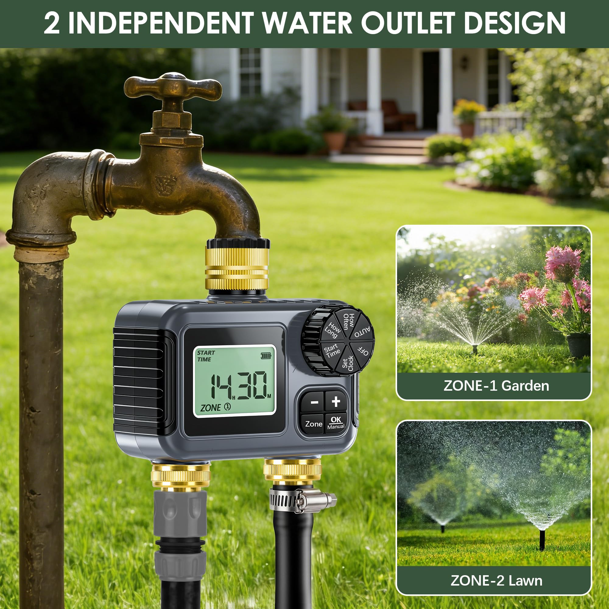 IPX5 Programmateur Arrosage 2 Voies Avec Entrée en Laiton, Grand écran LCD,Temporizador con Retardo por Lluvia y Modo Manual para Jardín