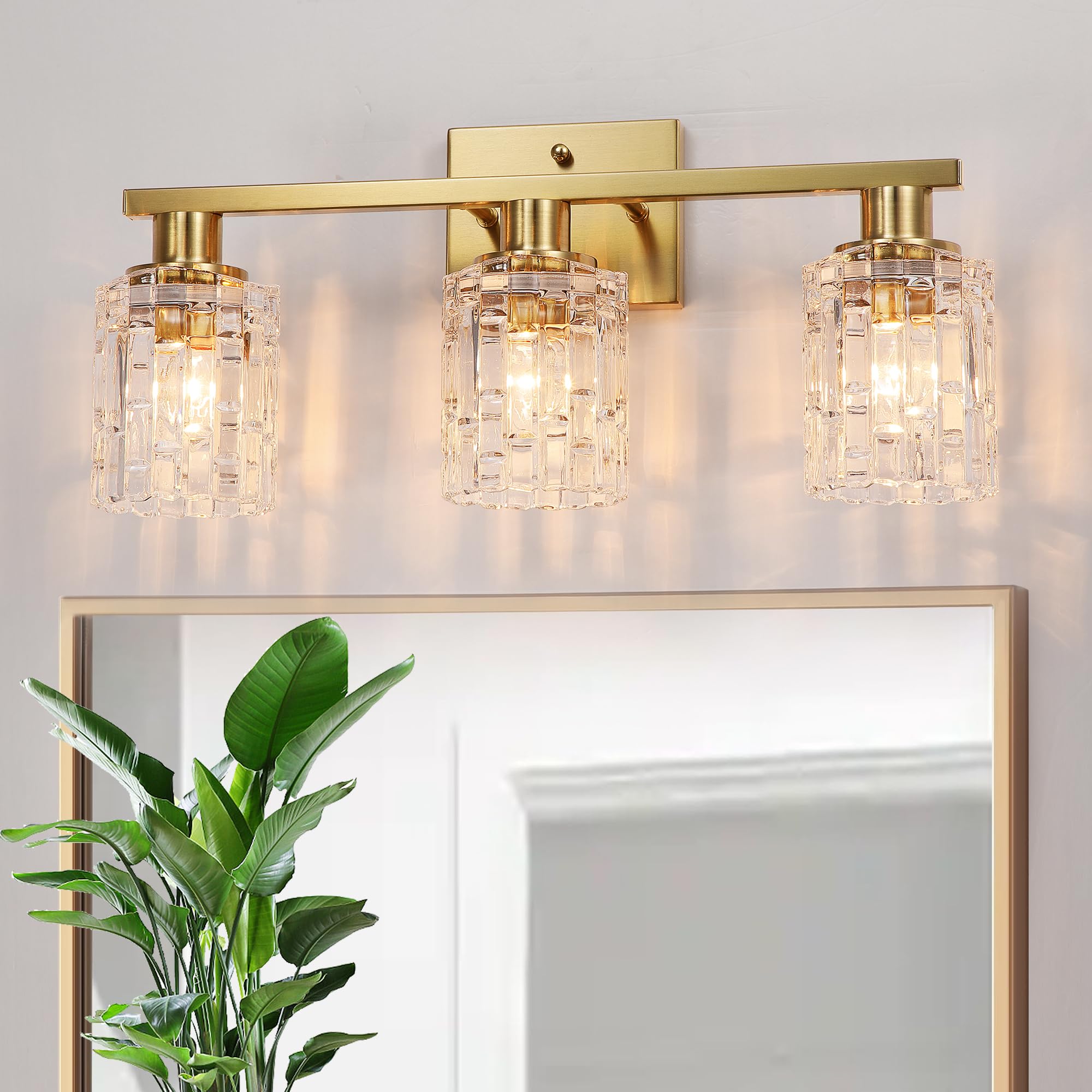 Photo 1 of [DAMAGED at knobs] huong son 3 Light Brushed Gold Bathroom Vanity Light Over Mirror, Modern Vanity Lighting with Crystal Glass Shade, Wall Mount Bathroom Light Fixtures, E26 Base