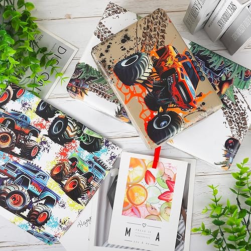 Miniatura 5 de Dtiafu Papel de regalo de camión monstruo para niños – Papel de regalo de coche de carreras a granel plegado plano para cumpleaños, baby shower,