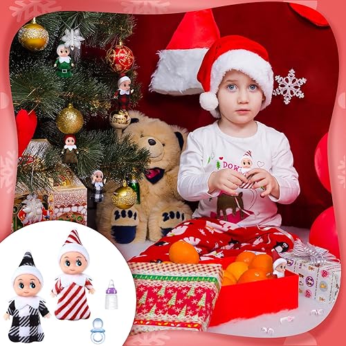 Miniatura 5 de Juego de 18 muñecas elfas pequeñas, 6 elfos de Navidad, 6 botellas de leche de elfo y 6 chupetes de elfo, mini muñecas coloridas de felpa lindas