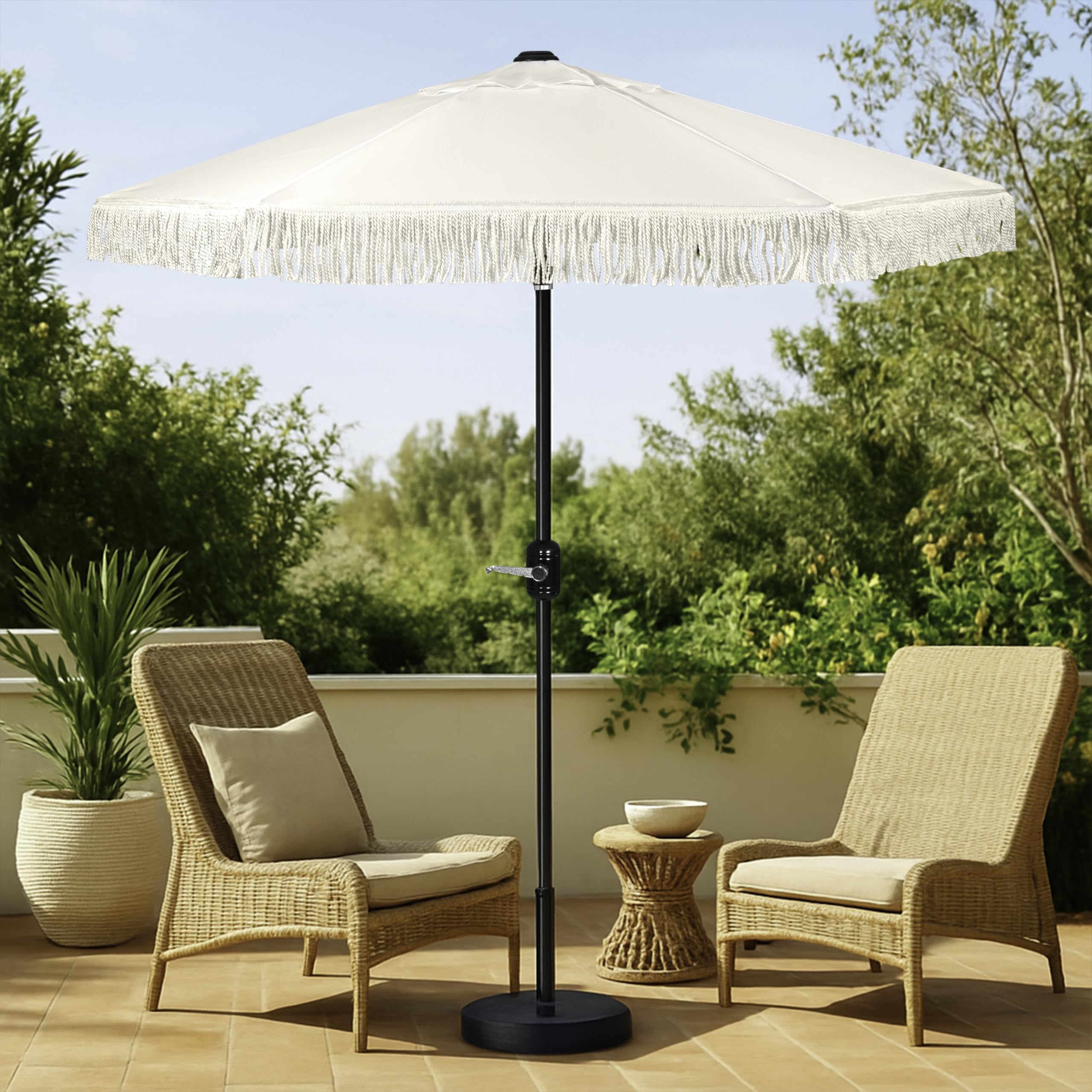 6 Ft Fringe Patio Umbrella - Outdoor Umbrella for Patio, Pool, Table, Garden, & Deck, Push Button Tilt Pole - Fashionable Vintage Tassels & Wood Print