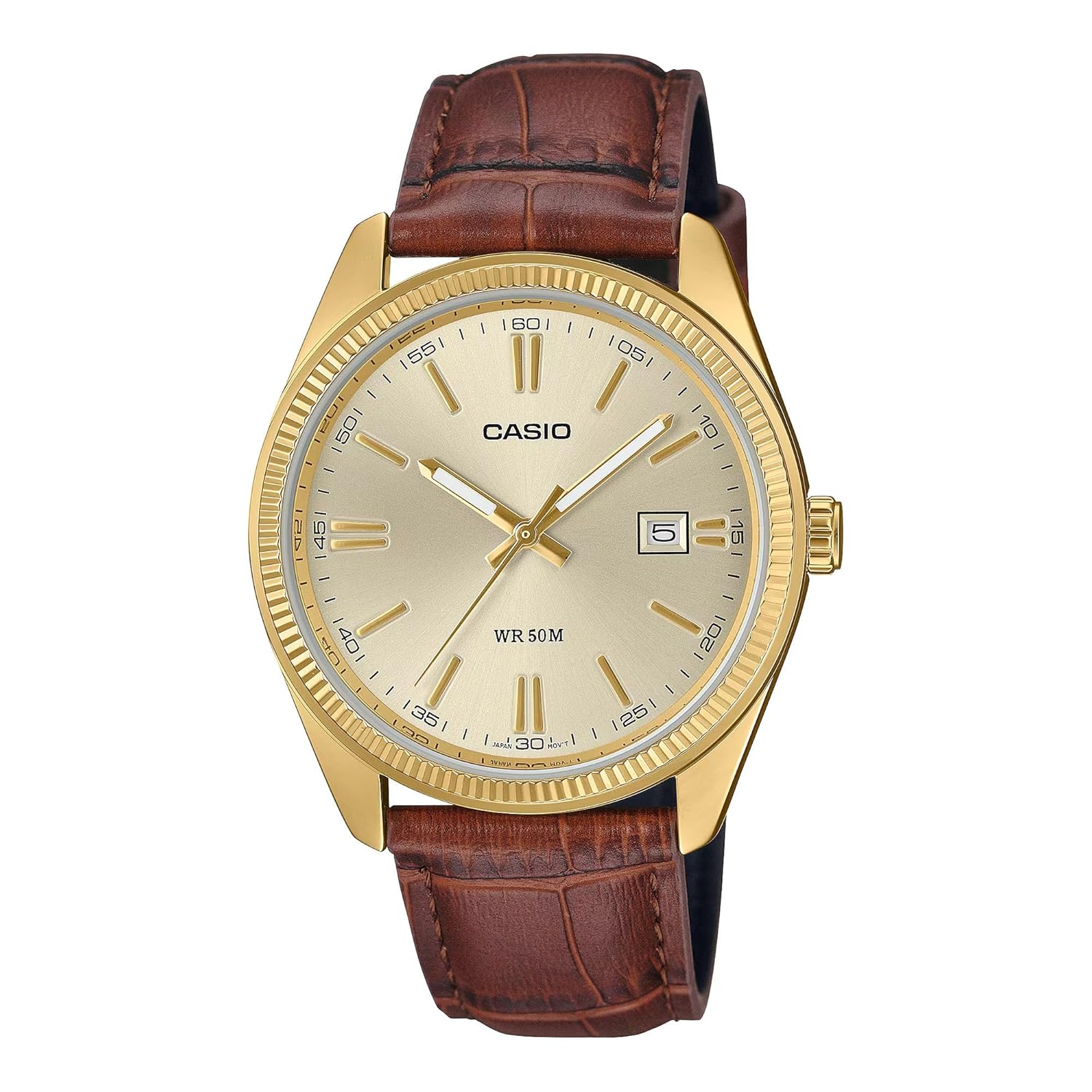 Casio Relógio Masculino Analógico, Pulseira em Couro Marrom, Caixa Dourada com Mostrador Champagne, WR 50M