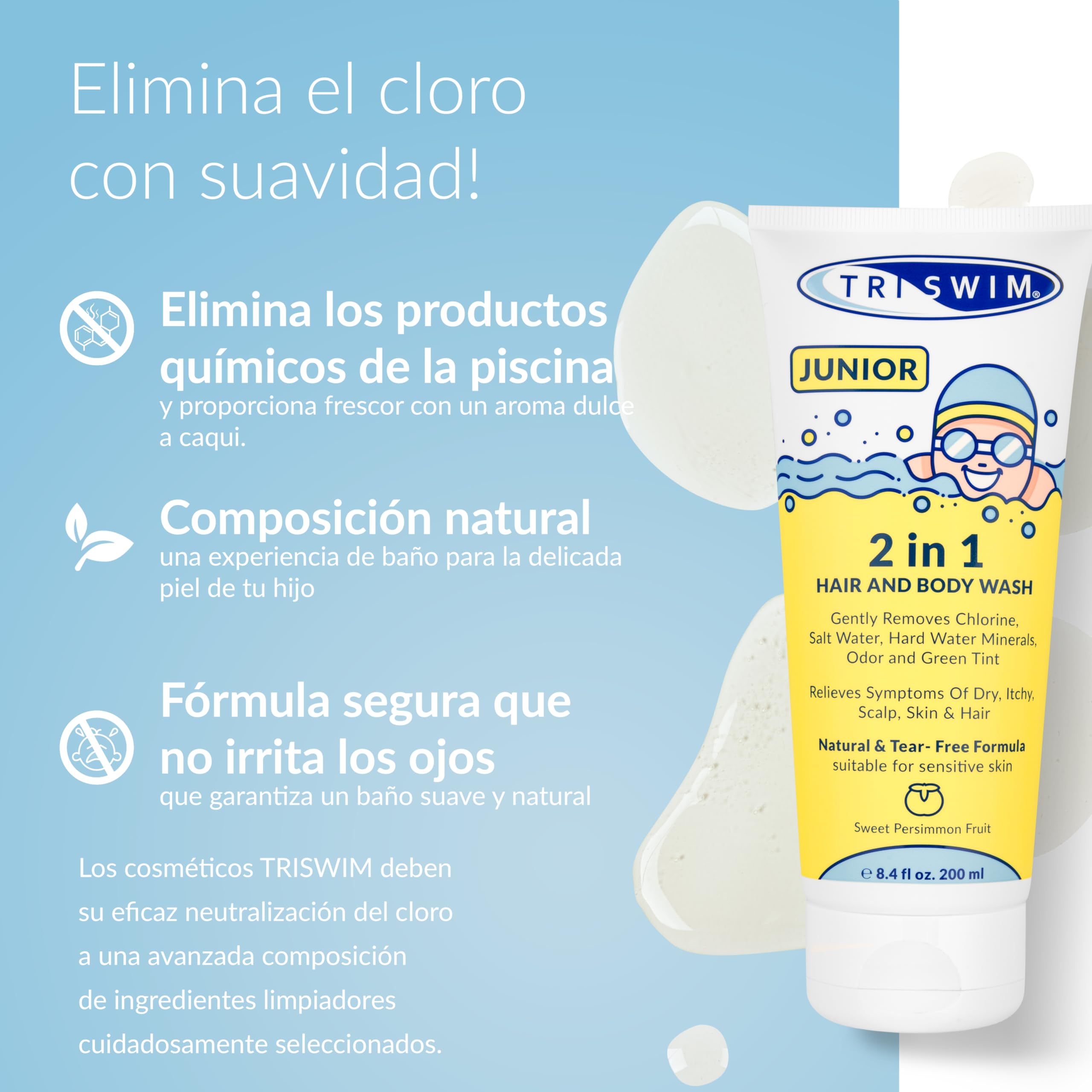 TRISWIM - Junior Gel de Baño y Champú Anticloro Después de la Natación para Niños, Elimina Suavemente el Olor a Cloro y Piscina, la Fórmula Natural Previene la Picazón en la Piel - 200 ml