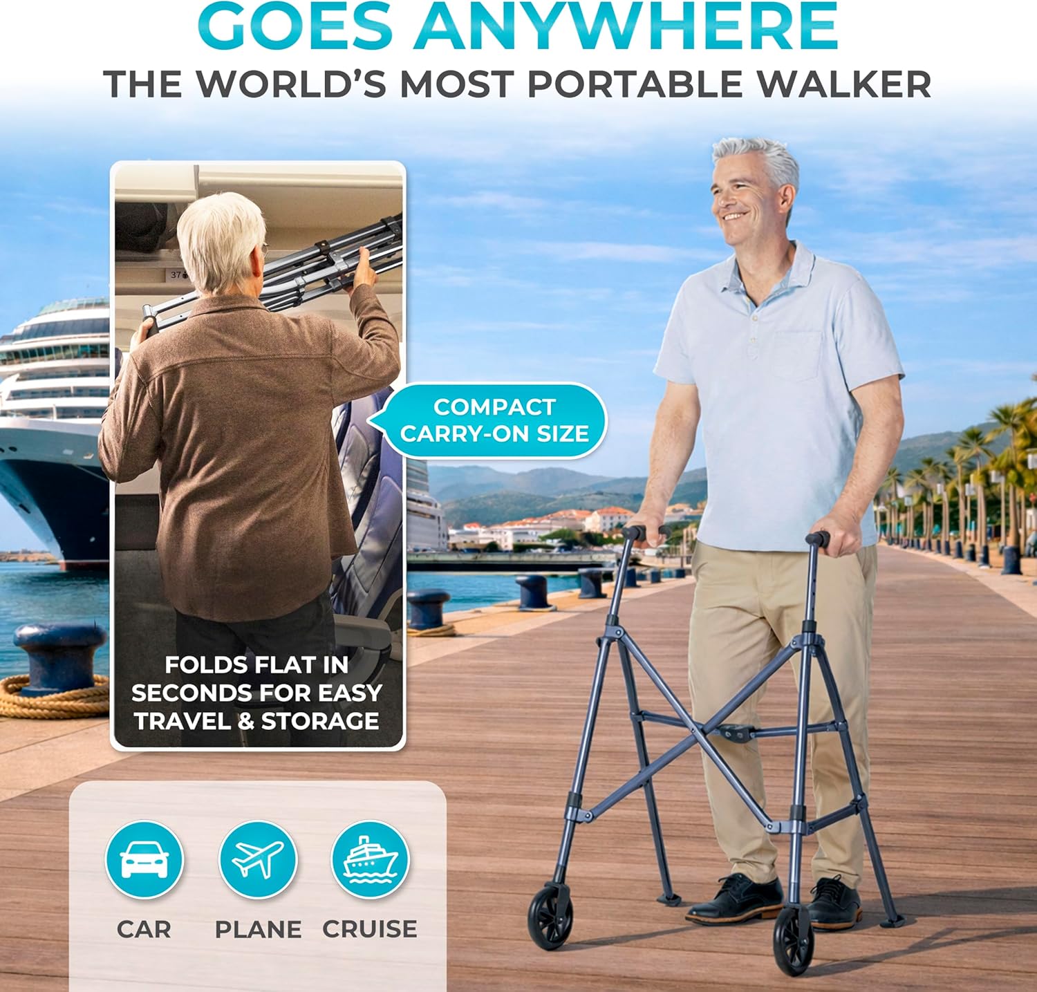 Stander Space Saver Walker, Lightweight Folding Rolling Mobility Aid for Seniors & Adults, Compact 2-Wheel Disability Device with 6-inch Wheels & Ski Glides for Walking Support, Cobalt Blue