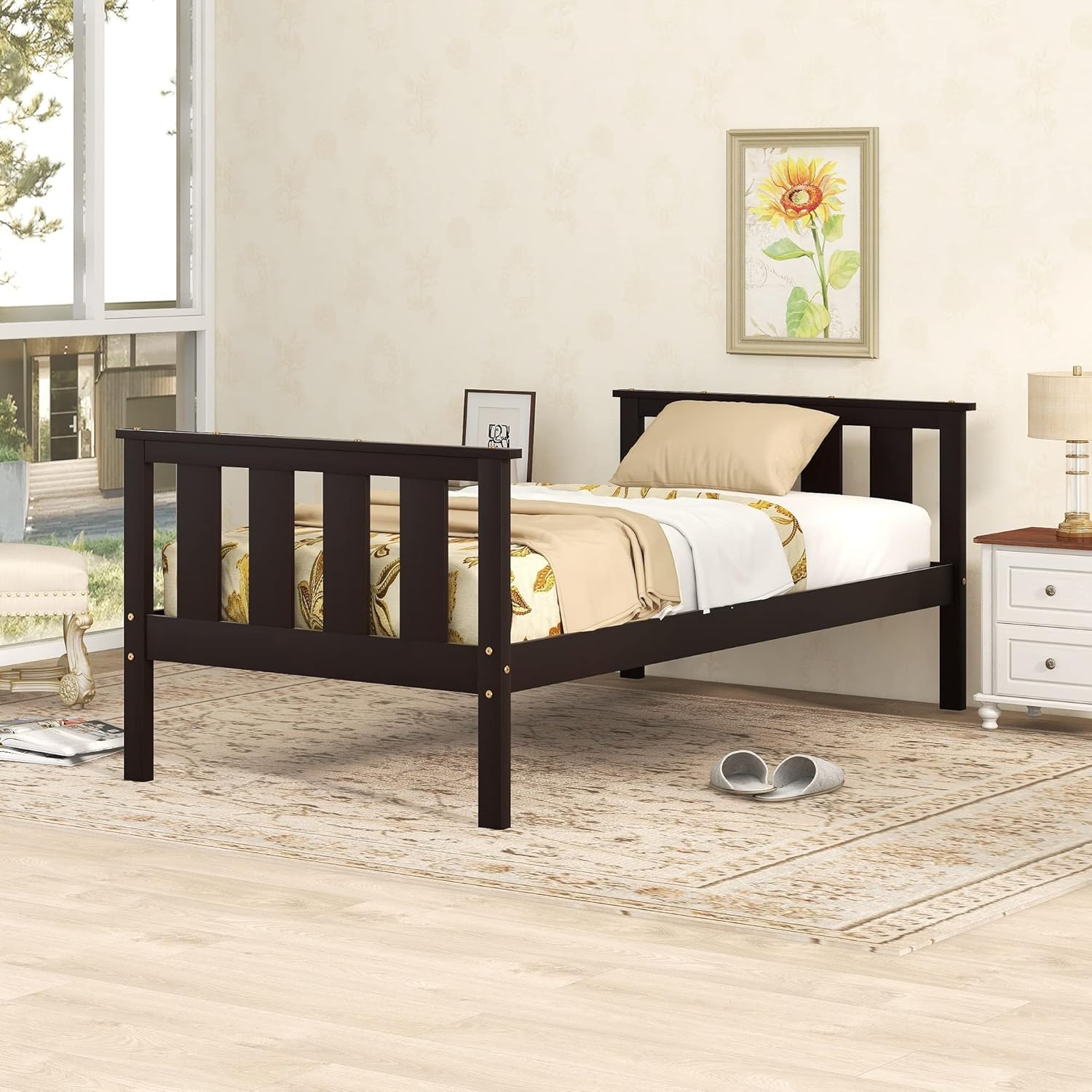 Pvillez Twin Bed Frames, Wood Twin Bed Frame with Headboard