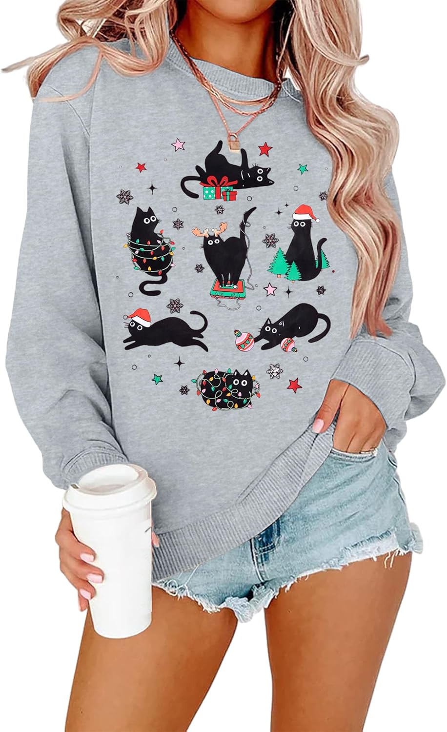 FLOYU Christmas Sweatshirt for Women Meowy Christmas Pullover Cat Lover Xmas Tops Merry Catmas Sweater