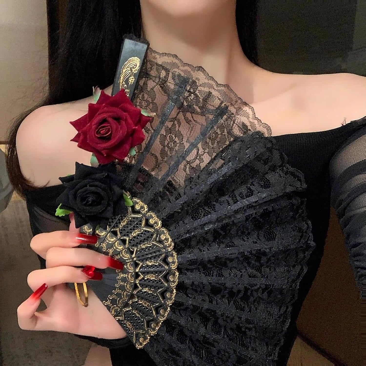 Halloween Black Lace Rose Hand Fan – Vintage Folding Fan for Women Girls – Cosplay Costume, Party Props, Dance, Photo Shoots & Decorative Gift
