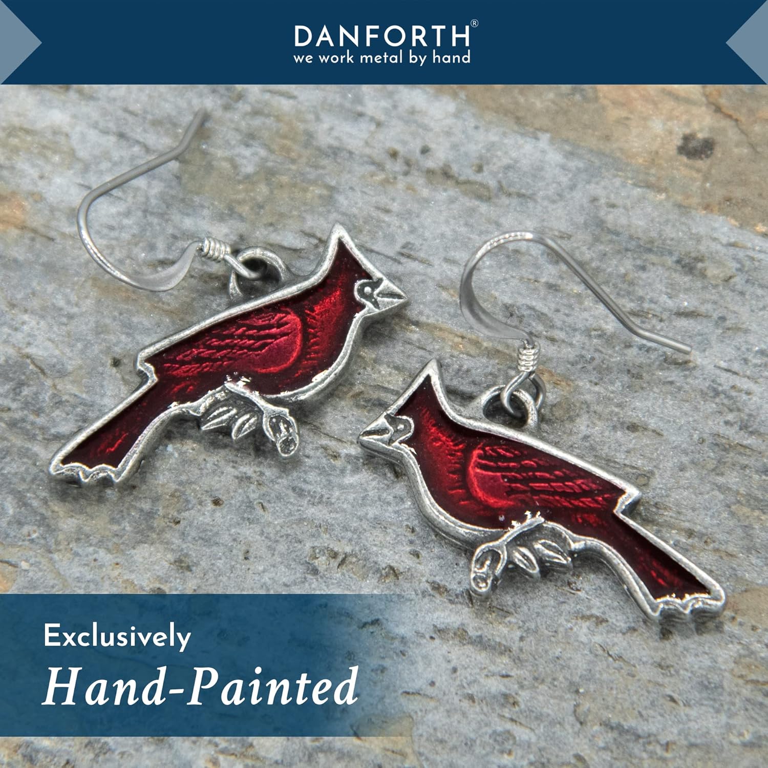 DANFORTH – Red Cardinal Earrings with Surgical Steel Wires – Handcrafted Pewter Bird Earrings – 1” - Made In USA