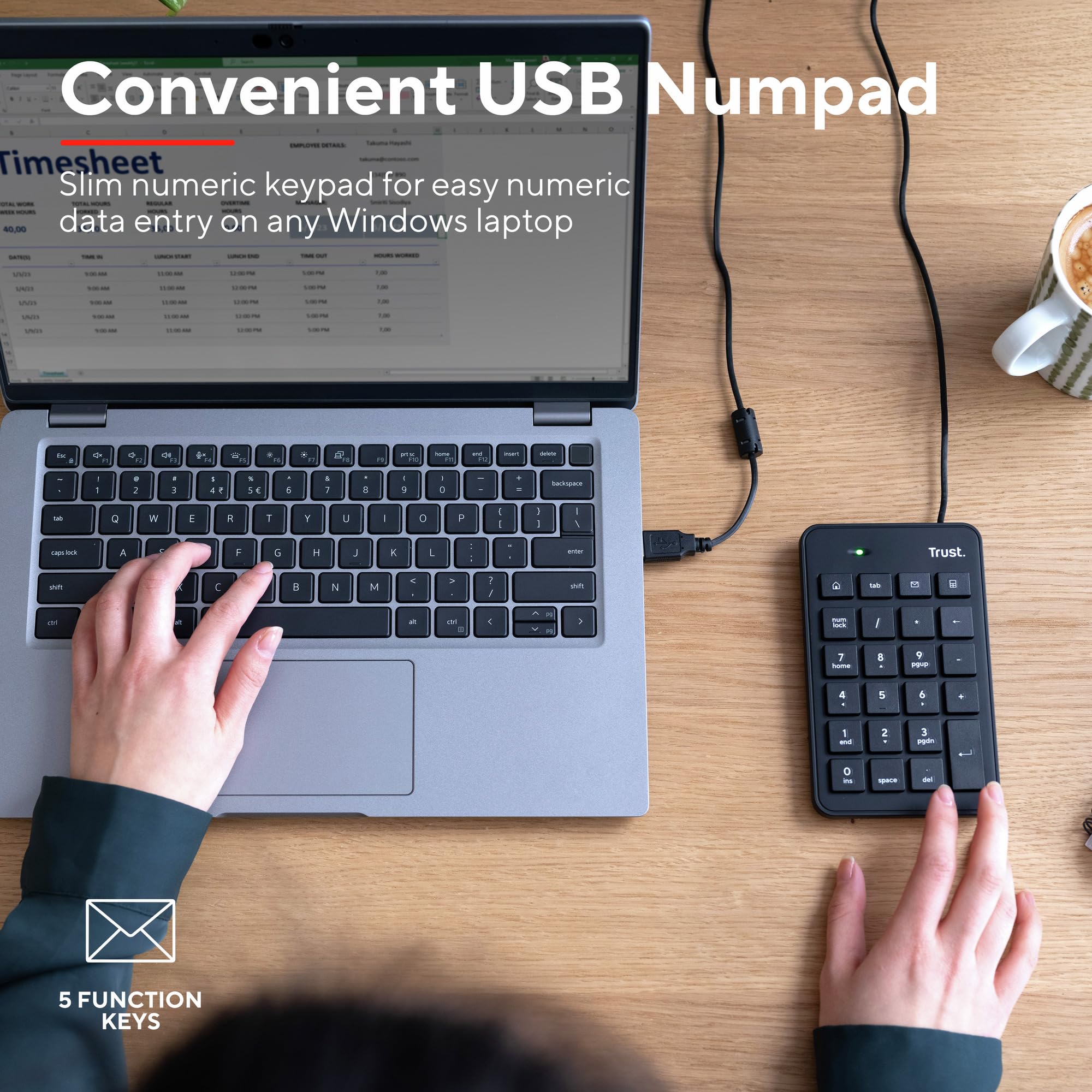 Trust Xalas Tastierino Numerico USB per Laptop e PC Desktop, Mini Tastiera Sottile con Filo, Cavo da 1,5 m, 5 Tasti in Più, Numpad Portatile Calcolo per Finanziaria Notebook Computer, Nero