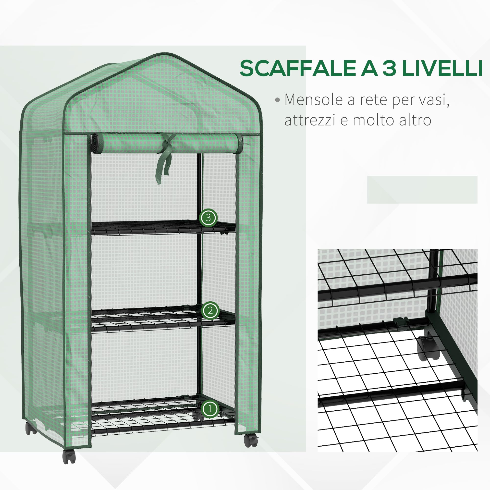 Outsunny Mini Serra da Giardino con Copertura in PE e 3 Ripiani, Serra da Balcone con Ruote e Porta Avvolgibile, 69x49x130cm, Verde