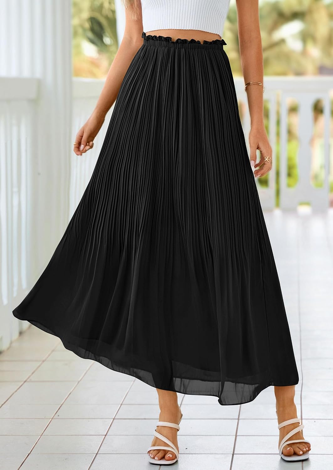 PRETTYGARDEN Long Skirts for Women Summer Vacation Outfits 2026 Spring Chiffon Elastic Waist Flowy A-Line Pleated Midi Skirt