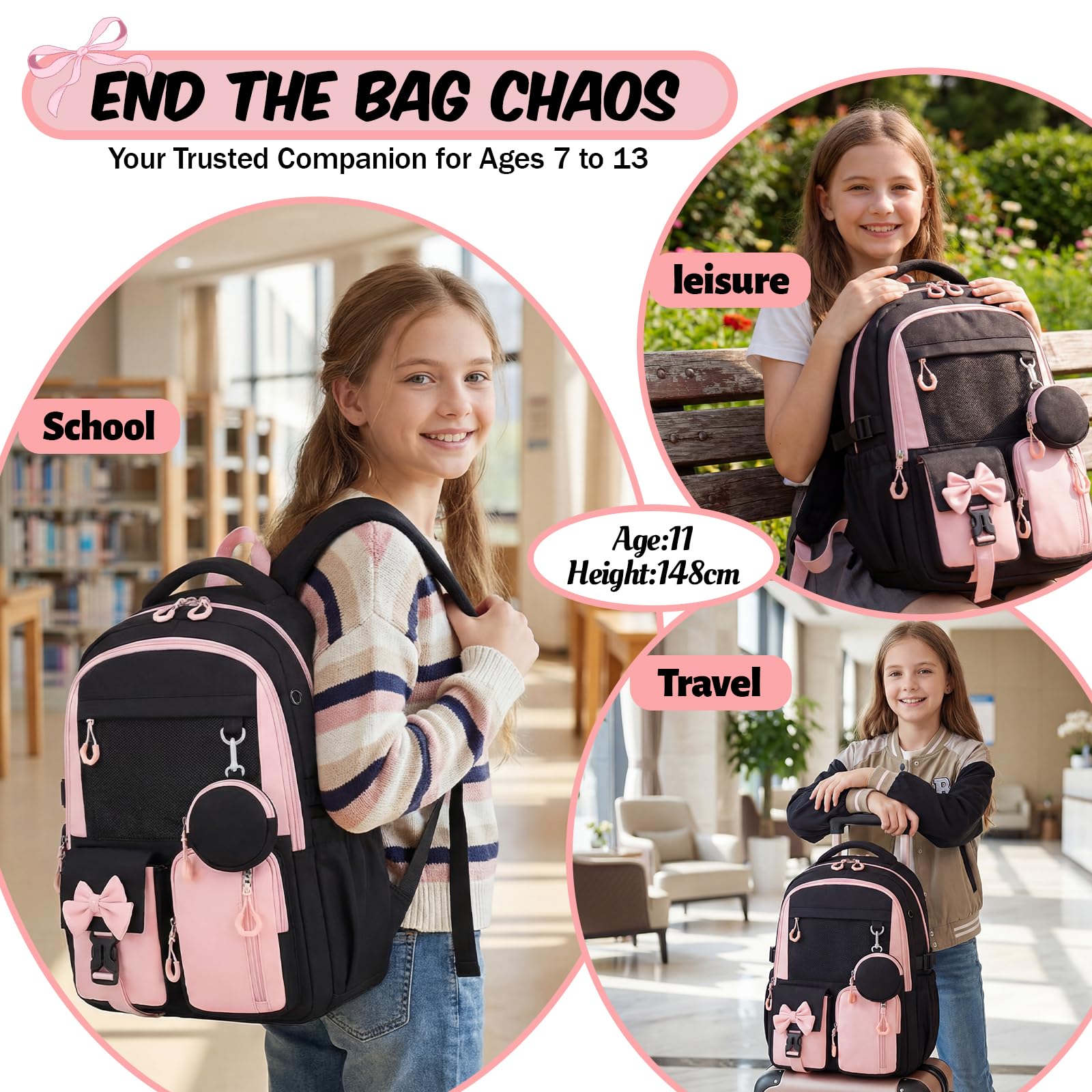 Amythe Schulrucksack für Mädchen 3.-7. Klasse mit Trolley-Gurt, Rosa | Wasserdichter Schultasche für Mädchen 9-16 Jahre mit Reflektoren & Münzbeutel, Leichter Modischer Rucksack für Schule Reise