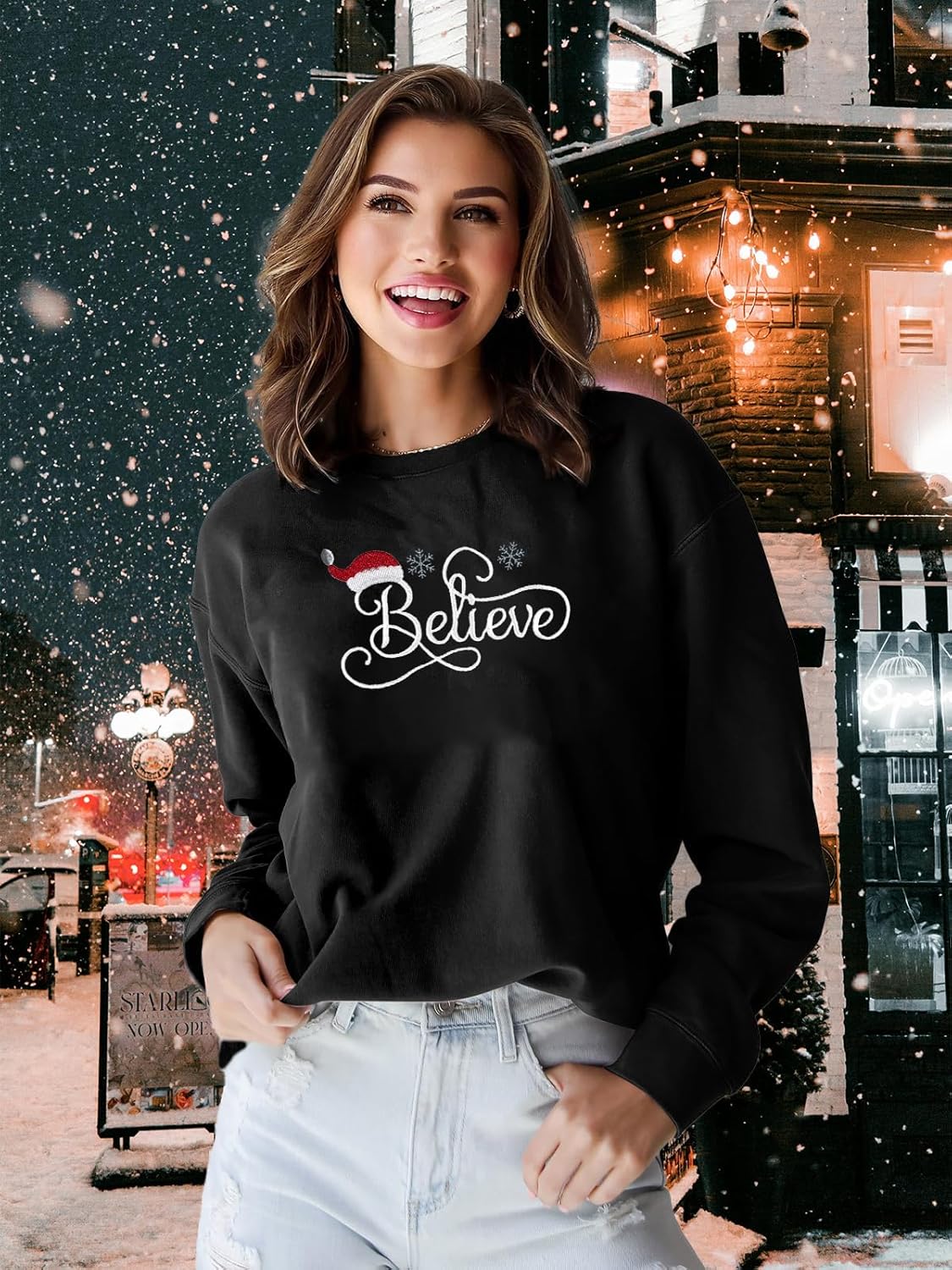 Christmas Sweatshirts for Women Believe Embroidered Cute Christmas Hat Xmas Holiday Party Pullover Blouse - Image 2