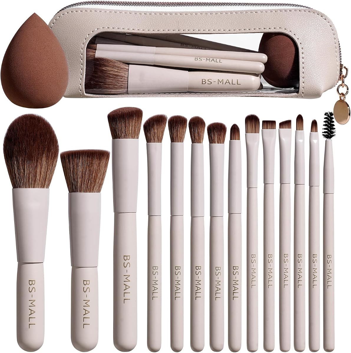 BS-MALL 14 Pcs Makeup Brushes Set with 1 Pcs Makeup Sponge – Essential Foundation Powder Concealers, Eye Shadows, Blush Makeup Brushes with Travel Makeup Case (Beige)