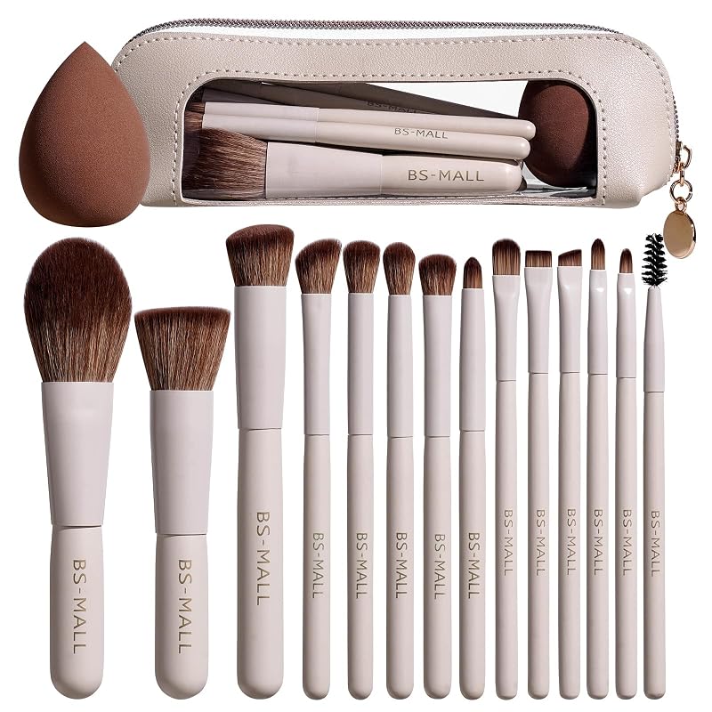 BS-MALL Kit com 14 Pincéis de Maquiagem, 1 Esponja e Estojo de Viagem Bege