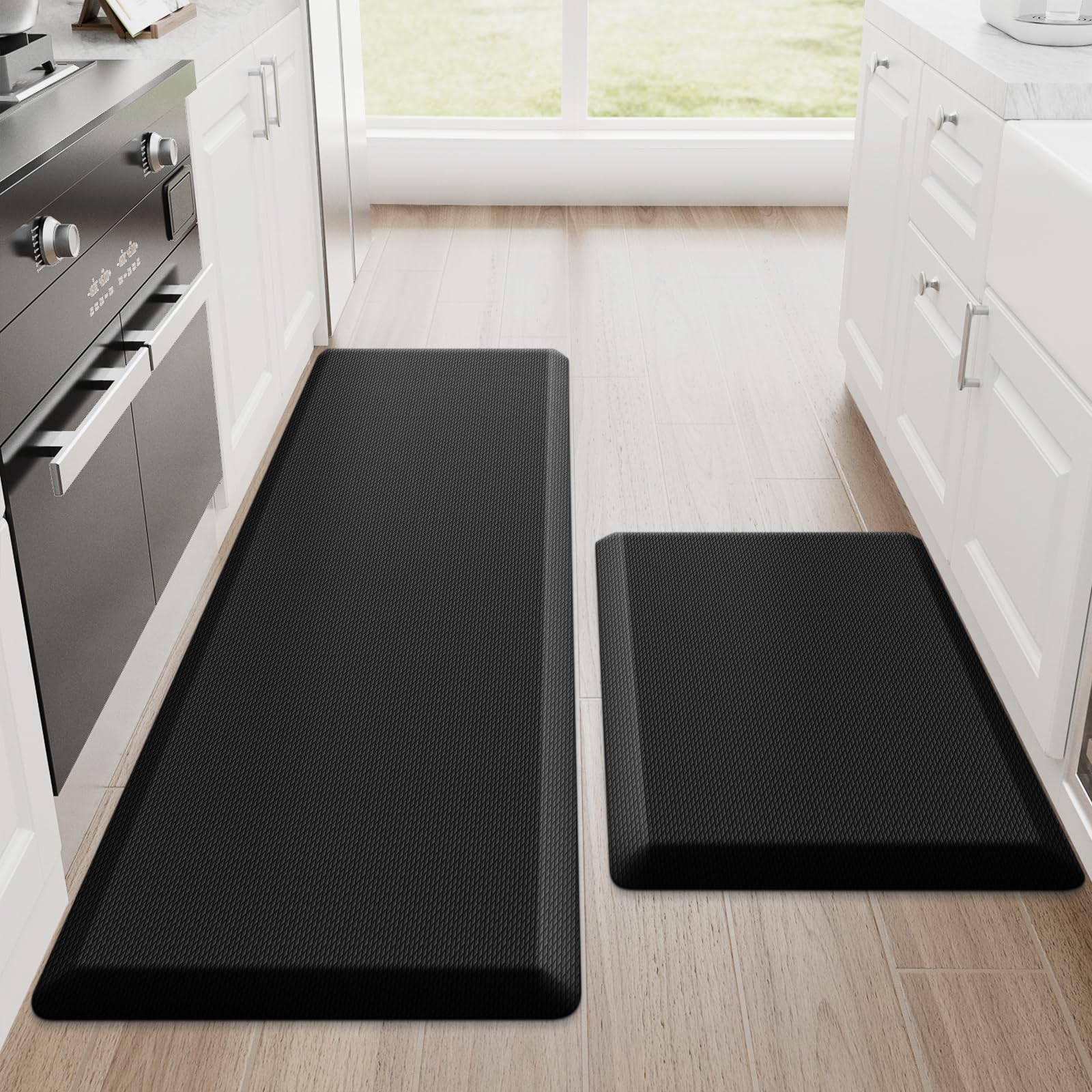StepRite Kitchen Mats, 2PCS Kitchen Rugs, Cushioned Anti Fatigue Kitchen Mats for Floor, Non-Slip Standing Desk Mat, Waterproof Kitchen Rug Set for Kitchen, 20" x 32"+20" x 48"-Full 1 inch Thick,BlackOEKO-TEX STANDARD 100