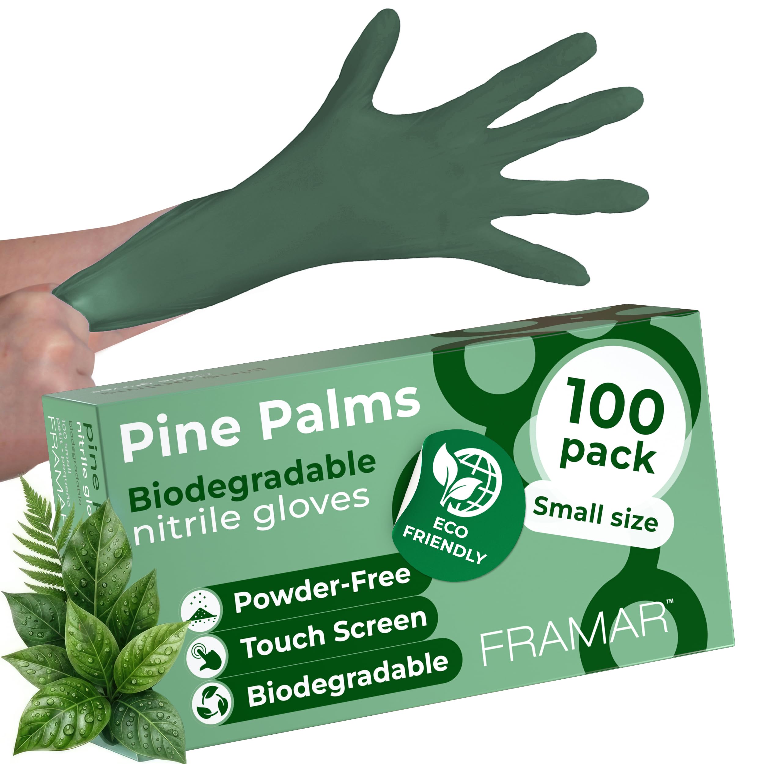 FRAMAR Green Nitrile Gloves Small, Biodegradable Disposable Latex-Free