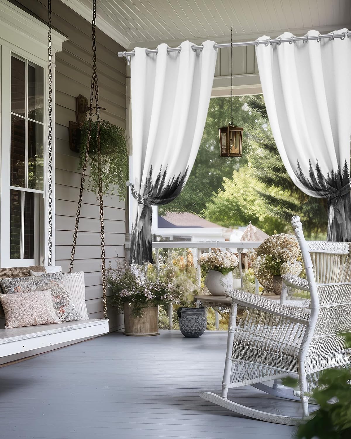 Abstract Misty Forest White Foggy Tree Plant Outdoor Curtains for Patio,Waterproof 1 Panel Nature Scenery Privacy Curtain with Tieback Grommet Drapes for Porch Gazebo Pergolas Balcony 52"Wx84"L