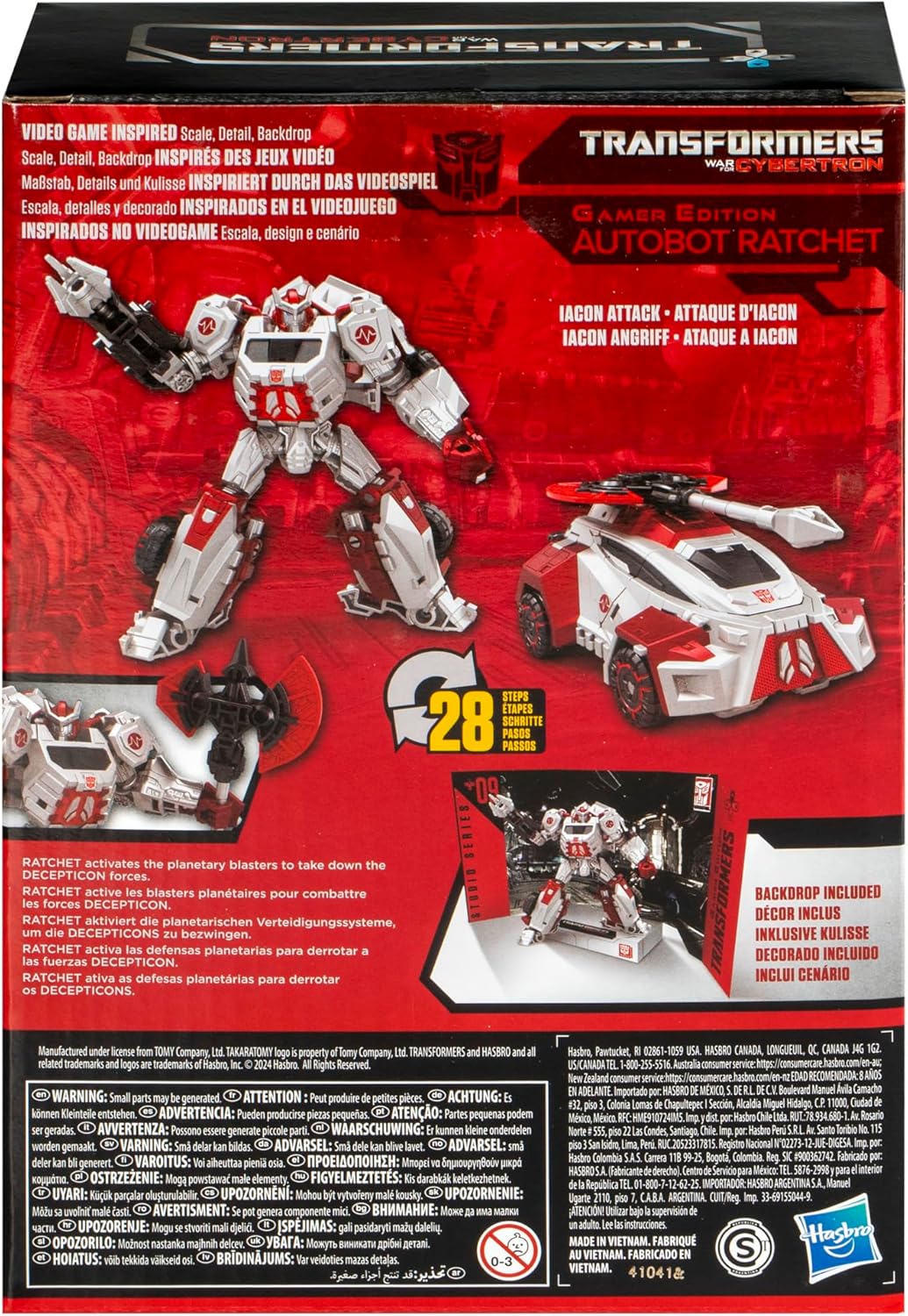 Back of product packaging showing Ratchet in both robot and vehicle modes with 28 transformation steps indicated
